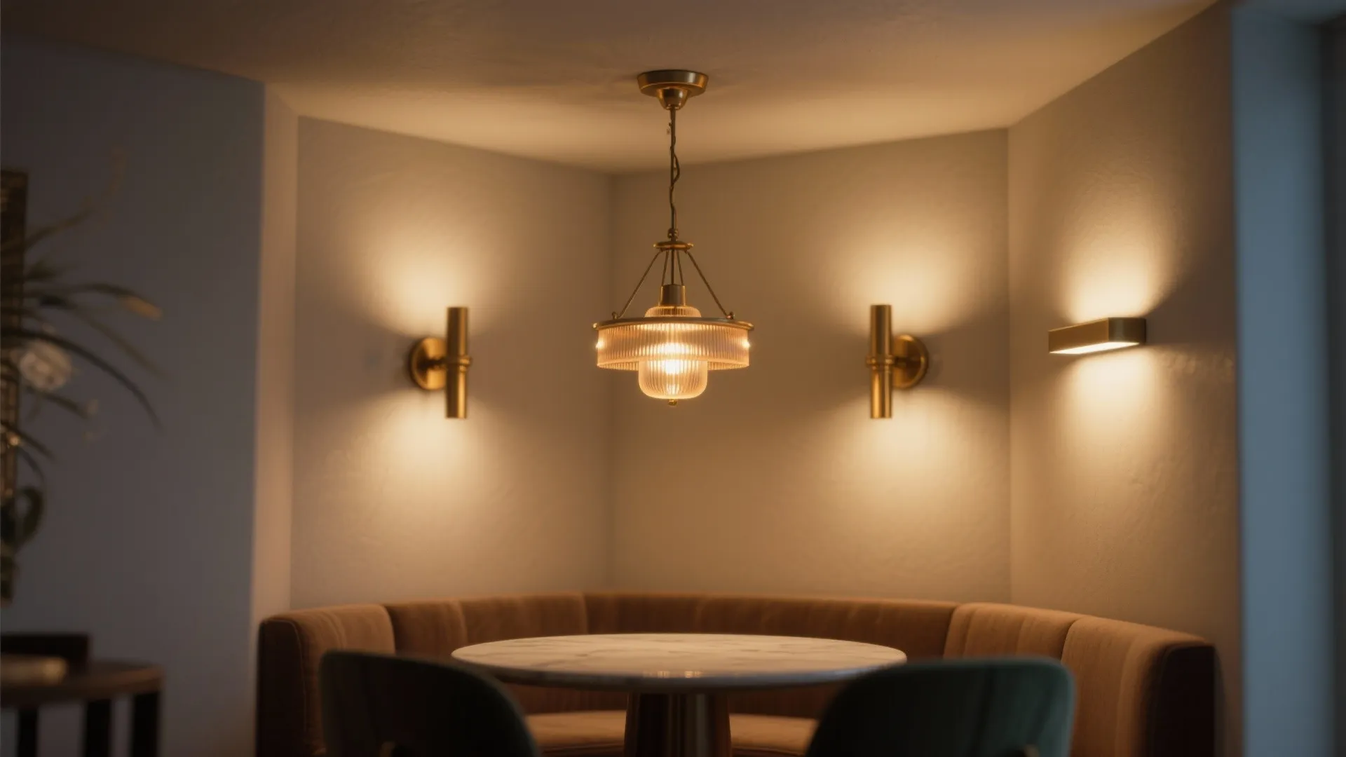 Dining room with glass ceiling light and gold wall lights on the warm beige walls