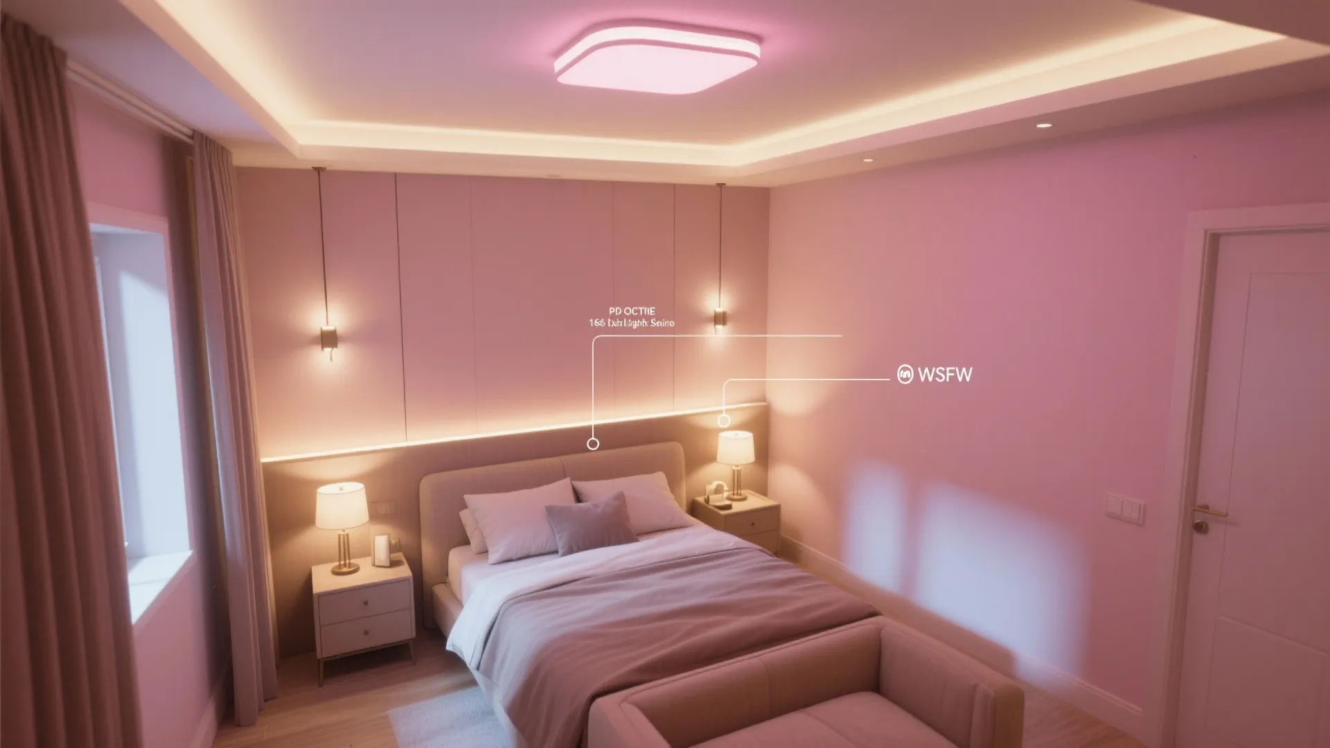 Pink bedroom interior design with warm ceiling light and wall lights above a soft bed