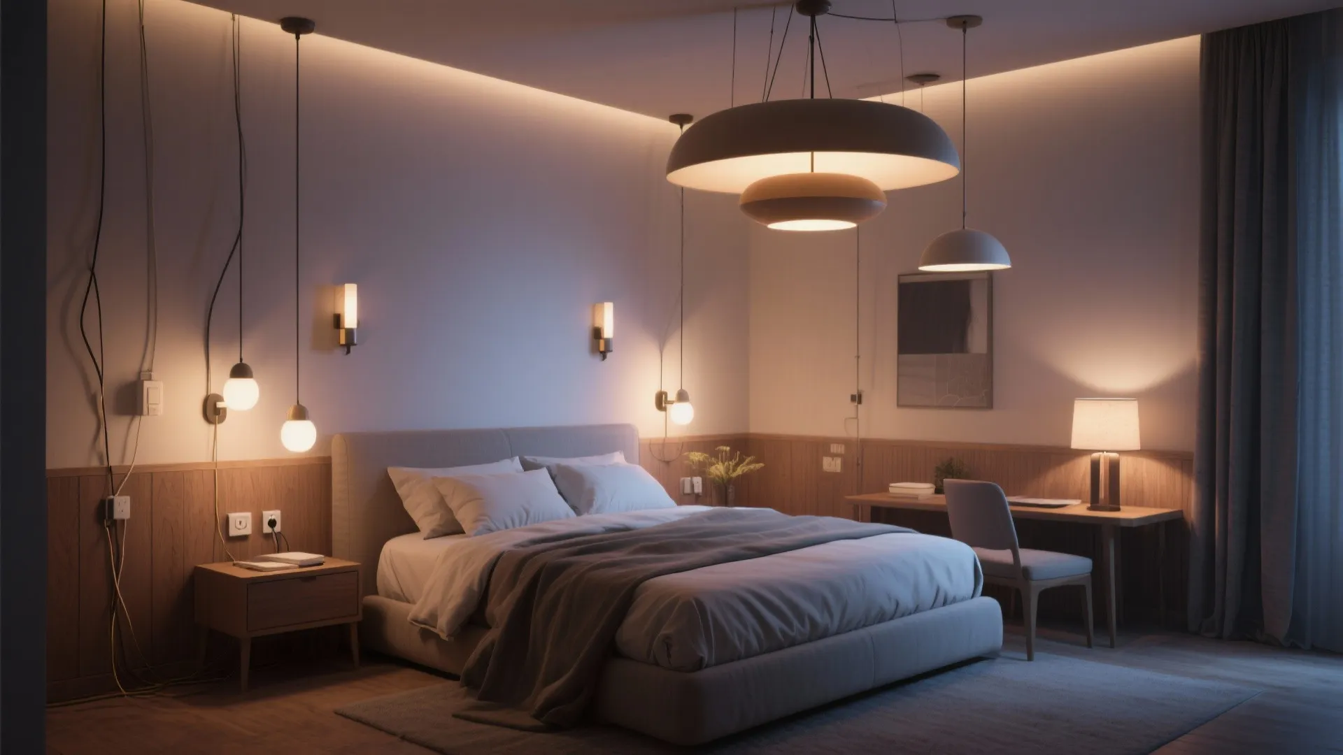 2. Layer pendant and wall lighting to carve scale