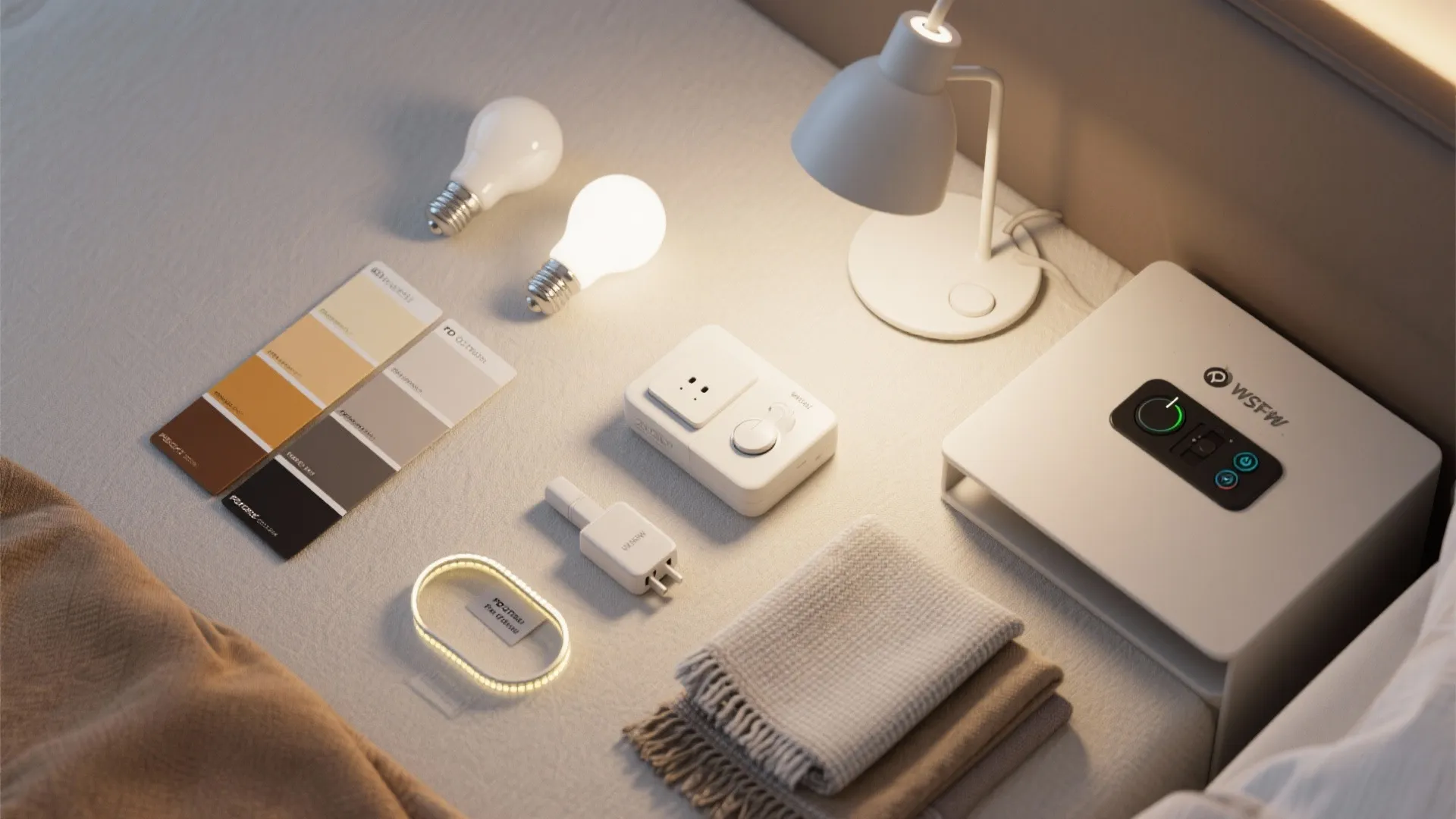 Collection of lighting items with light bulbs color swatches small table lamp and LED strip