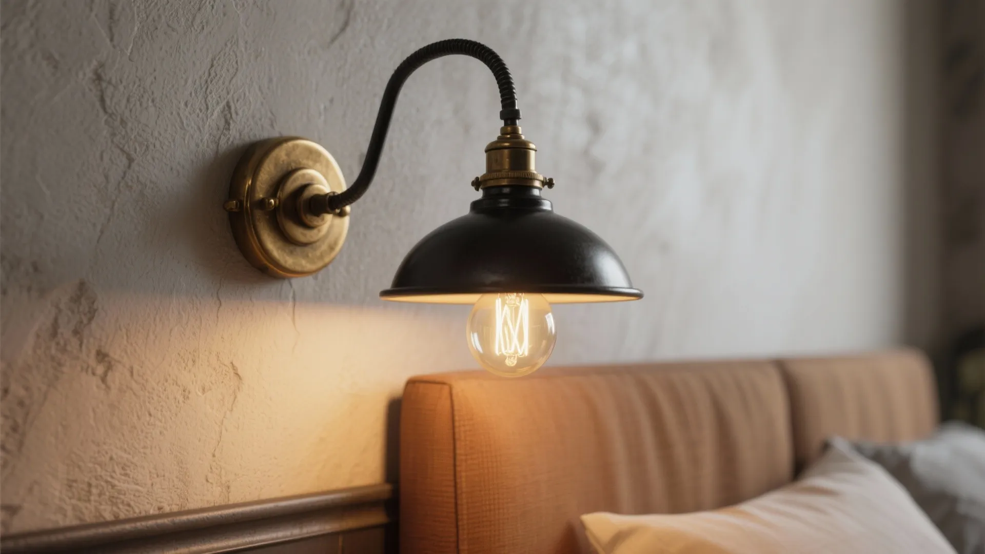 Black metal wall light with warm bulb mounted on textured wall above orange fabric headboard