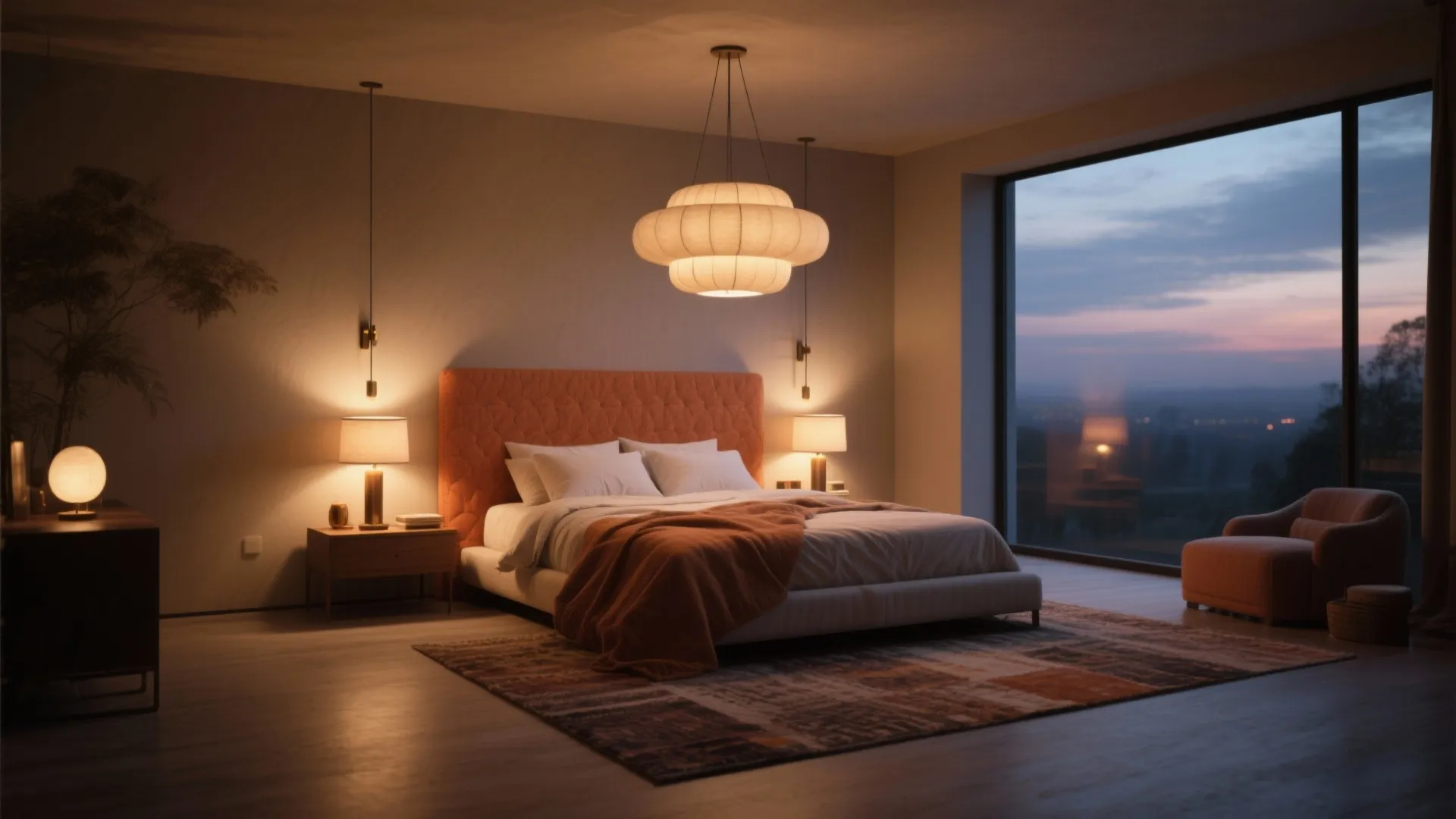 Cozy bedroom at night with warm ceiling light table lamps and sunset view through window