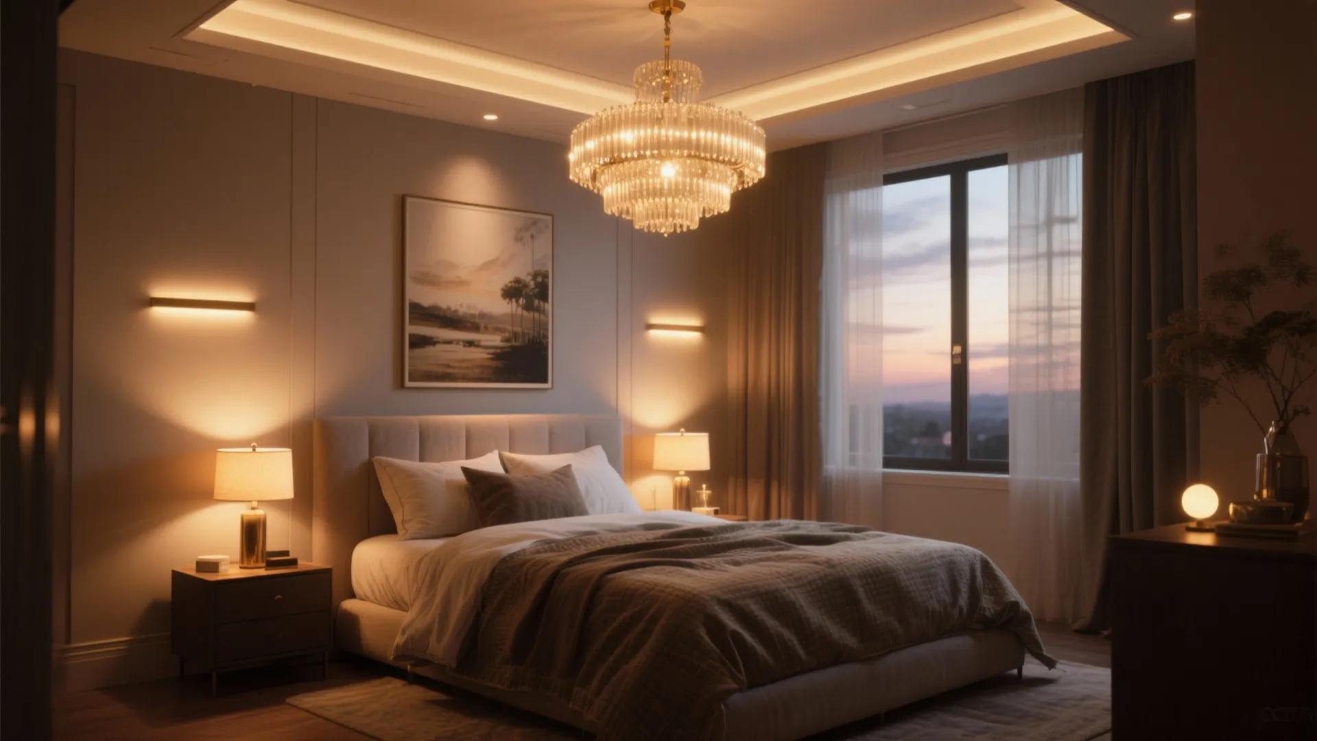 Warm bedroom interior with large ceiling light wall lights table lamps and sunset view window