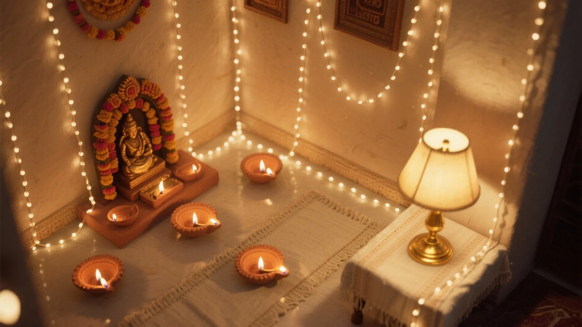 3) Layered lighting: diyas, LEDs, and soft accents