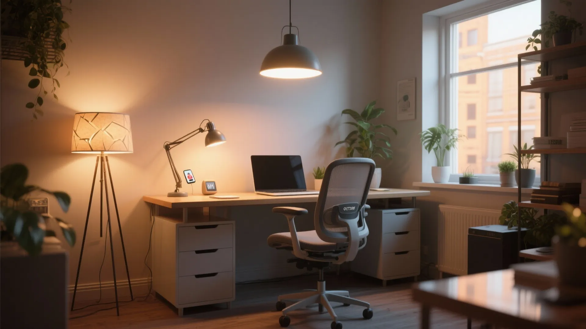 Home office with wooden desk grey chair ceiling light floor lamp and laptop by a window