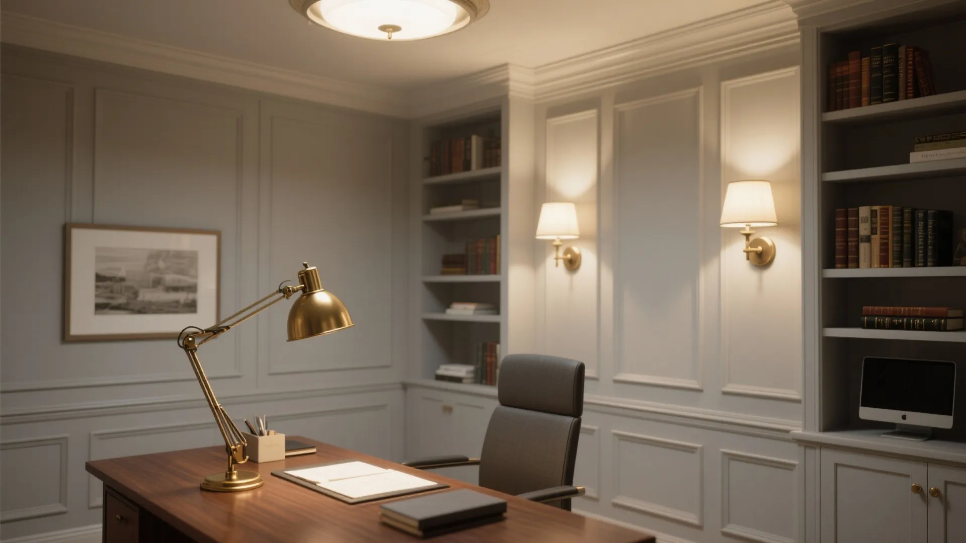 Classic home office with wall panel wooden desk gold desk lamp and warm wall lights