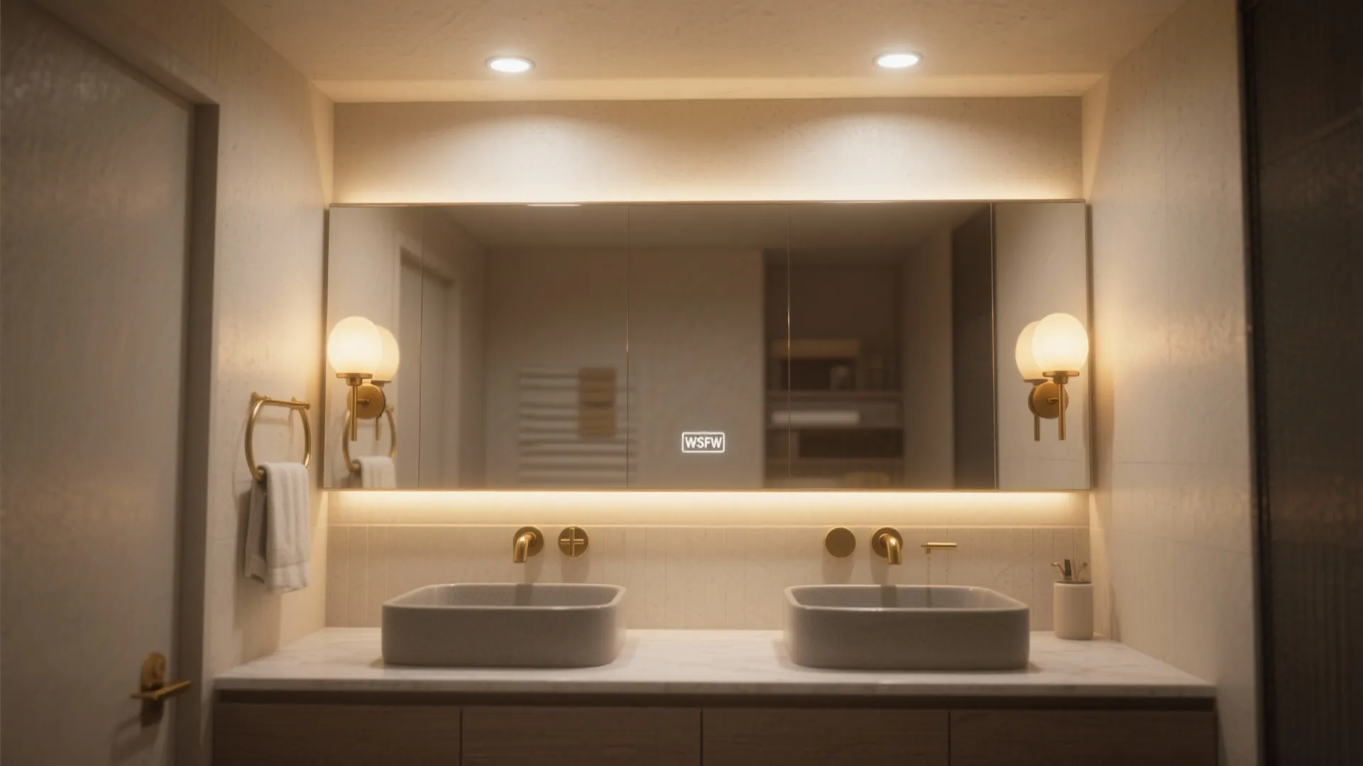 Modern bathroom vanity featuring double sinks large mirror with backlighting and two warm wall lights