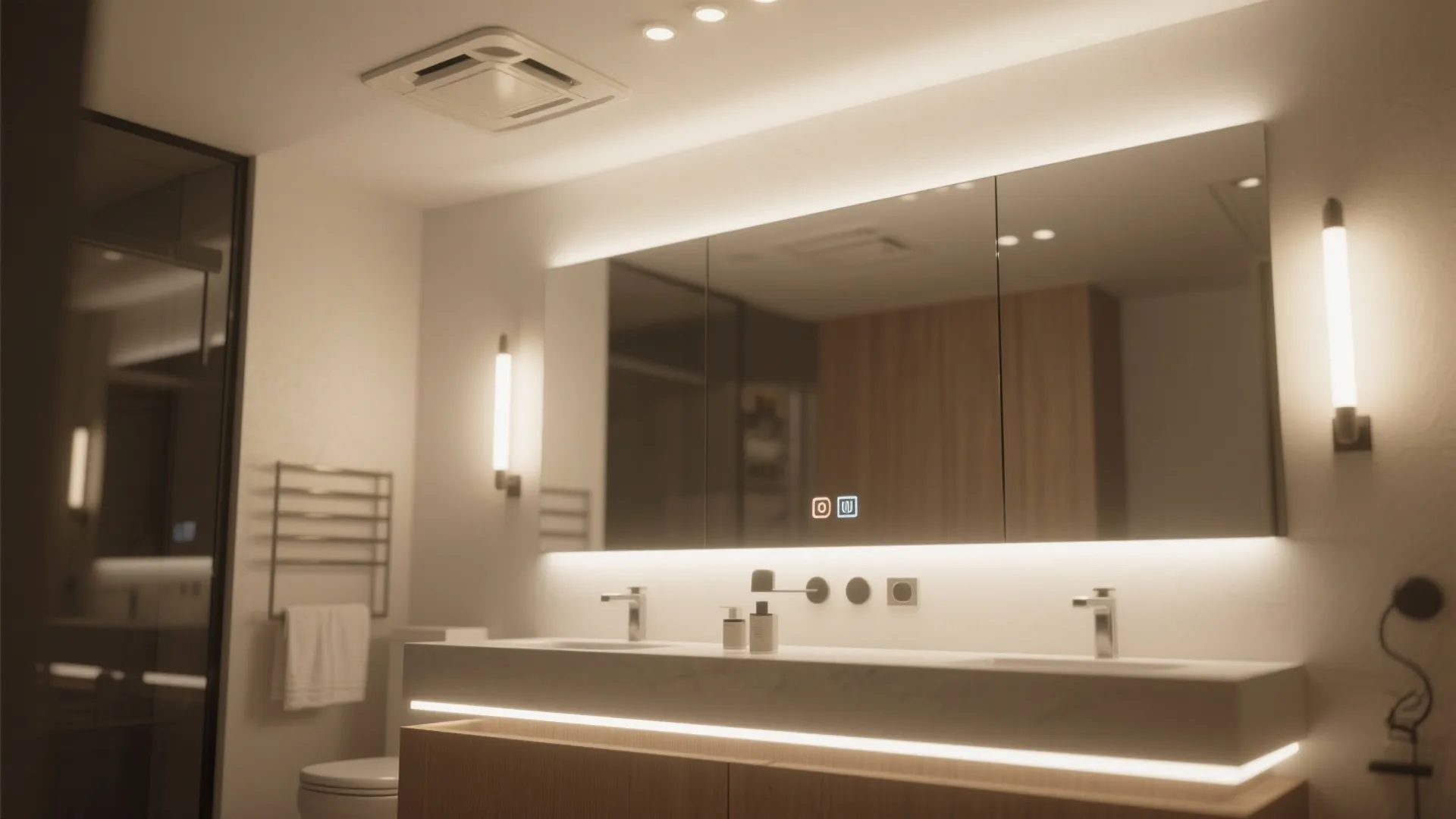 Large bathroom mirror with integrated light, wall lights, warm ceiling light, and white double sink