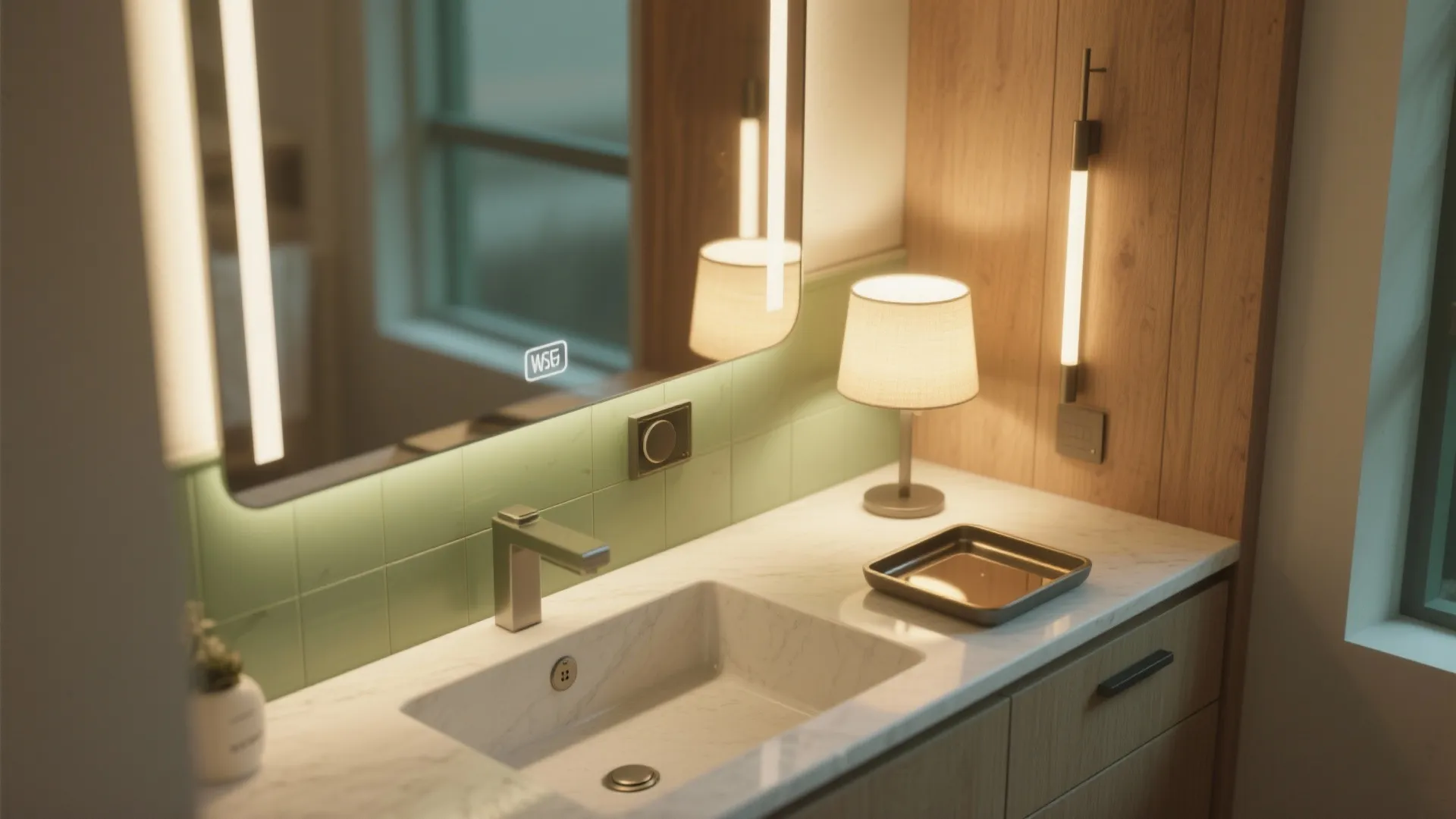 Modern bathroom sink area with light fixture on wall desk lamp and lighted mirror design