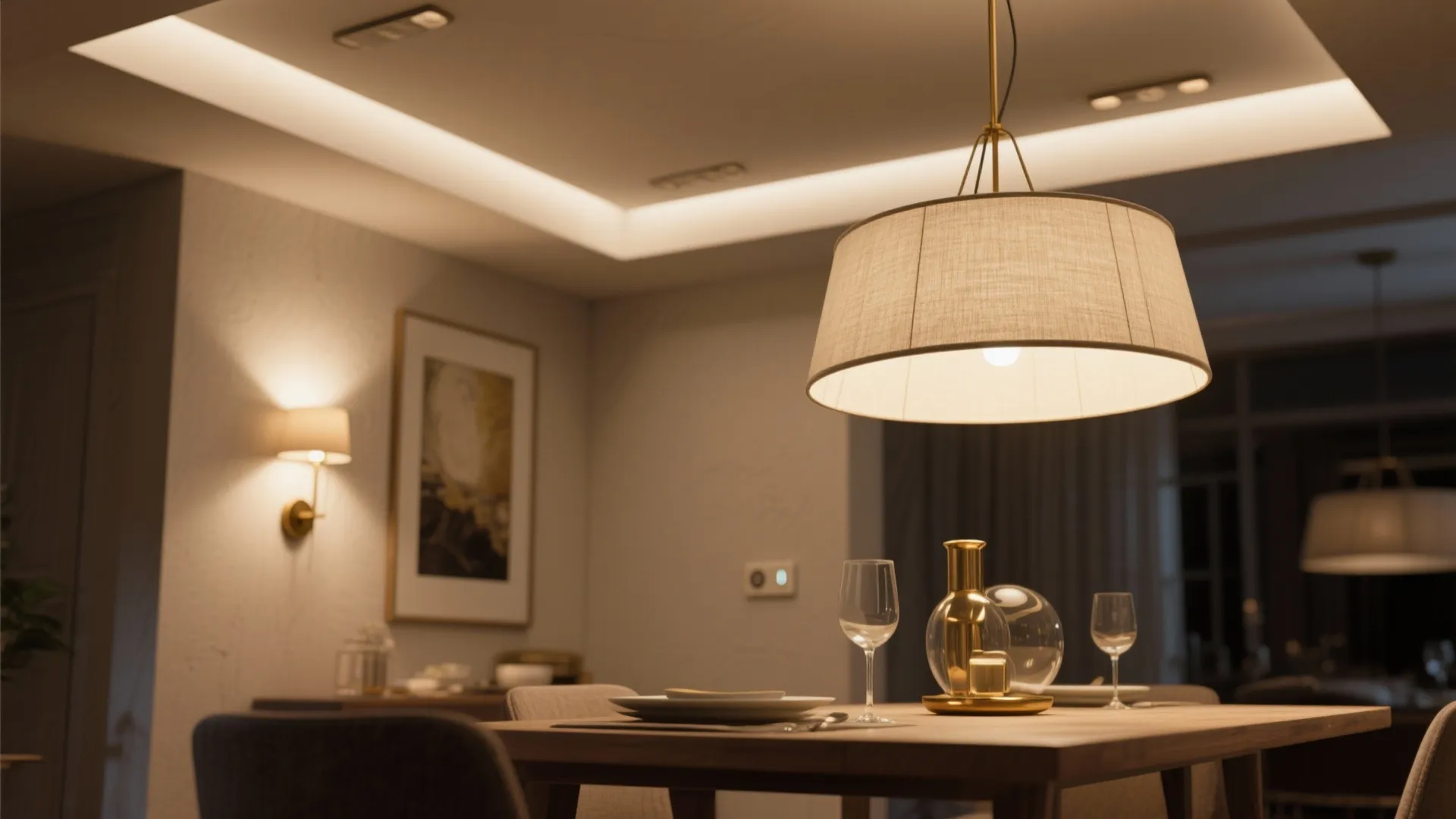 Dining room with warm ceiling light and wall light illuminating a wooden table and glasses