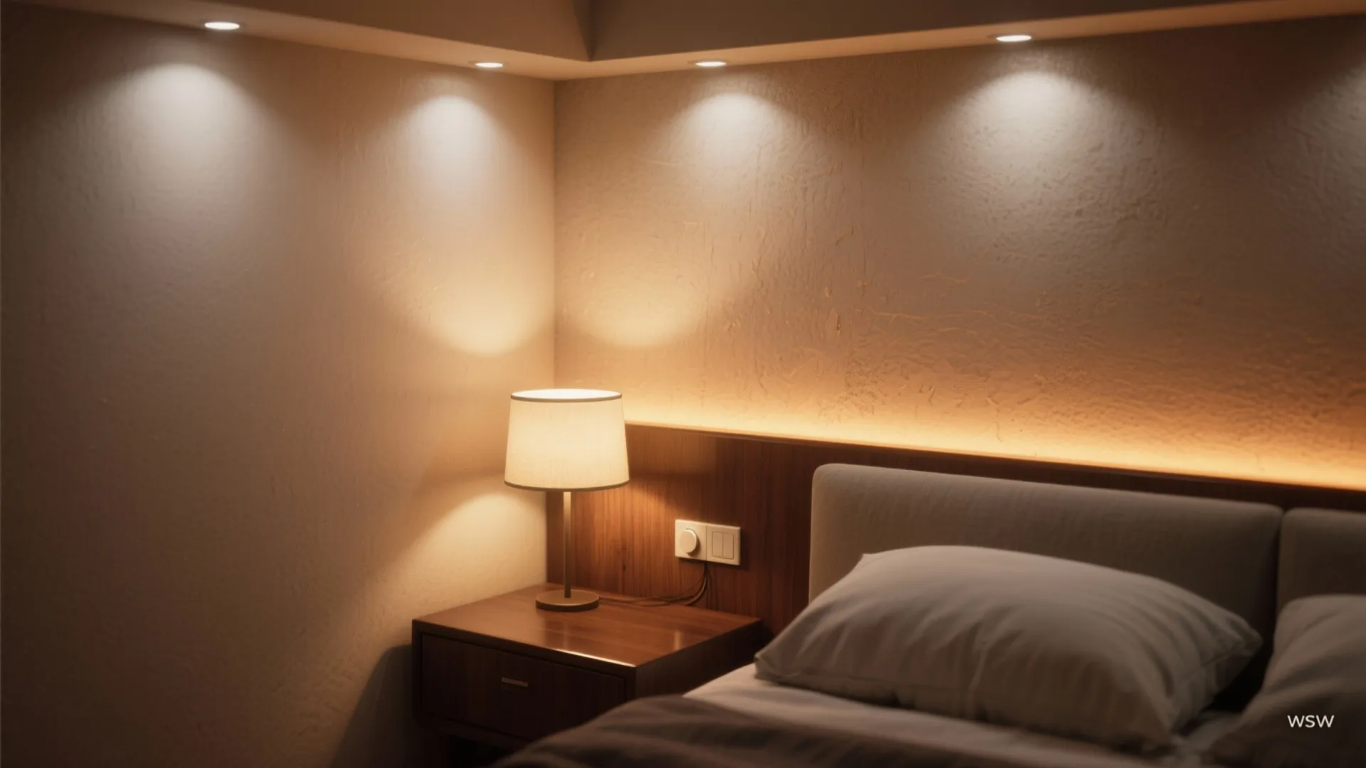 Bedside wooden table with lamp and wall lights creating warm glow in a modern bedroom