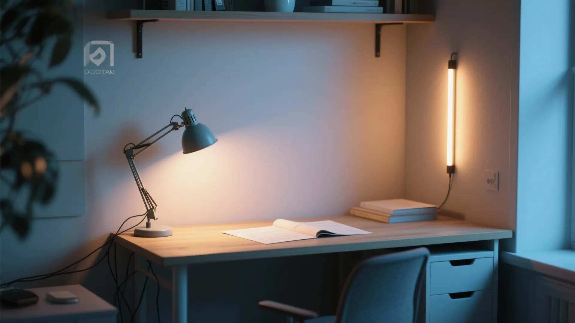 Study desk with warm light from a desk lamp and a wall light at night
