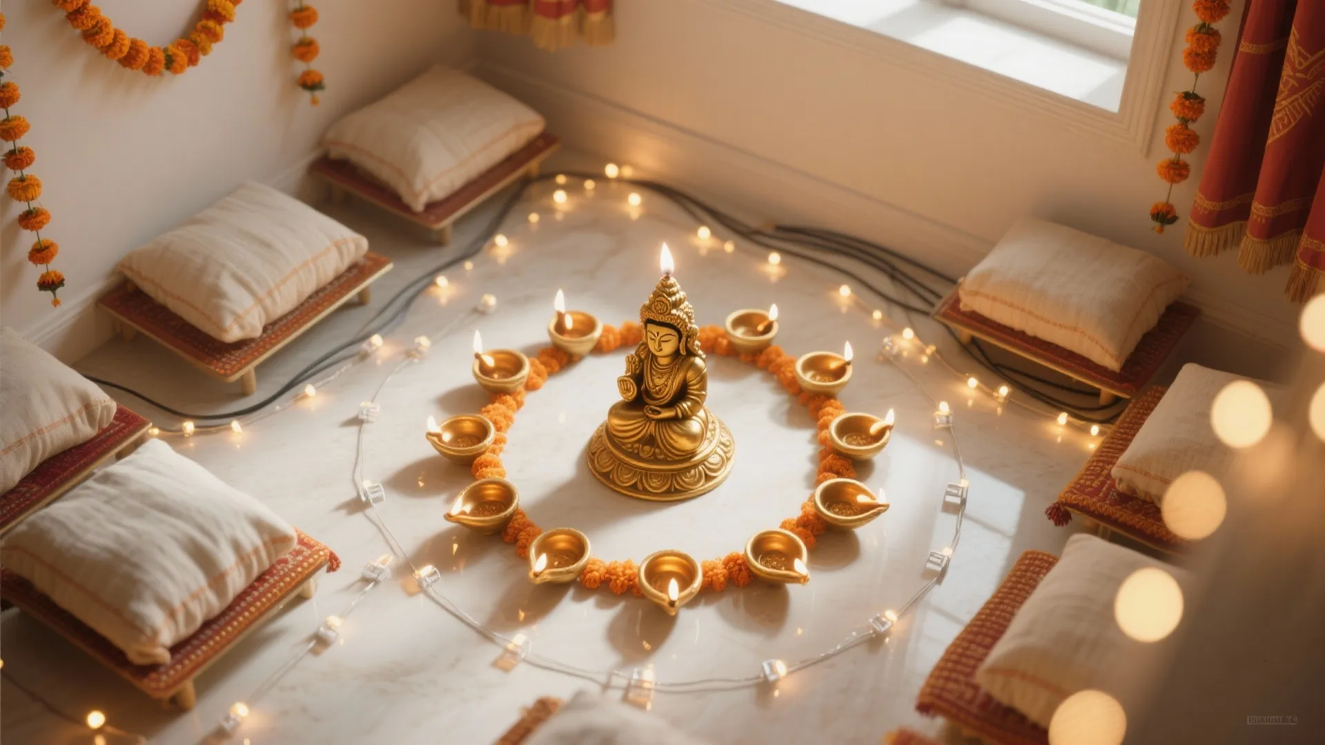 Layered Lighting: Diyas + LED Strings + Pin Spots