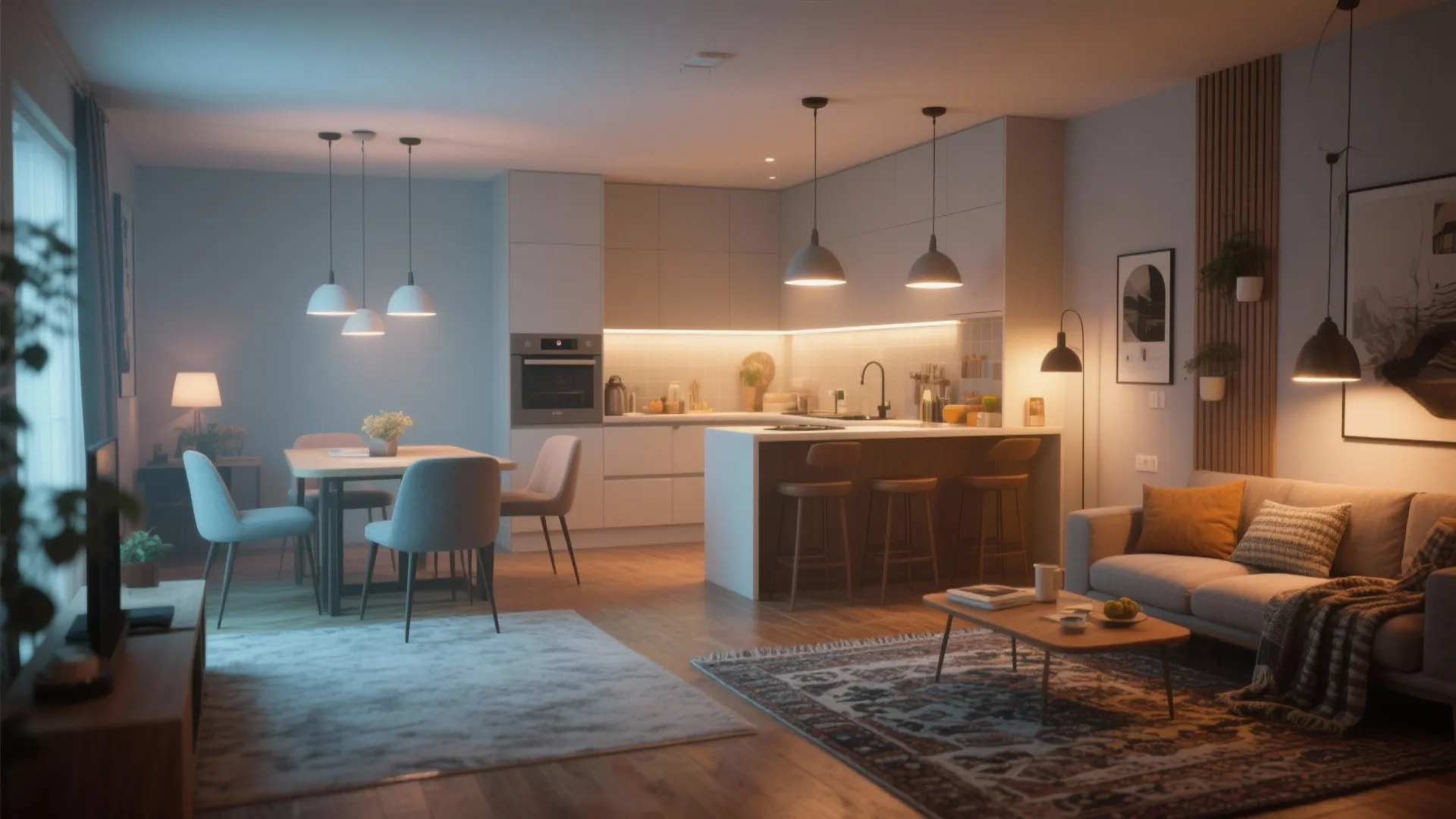 4. Layered lighting and zoning rugs