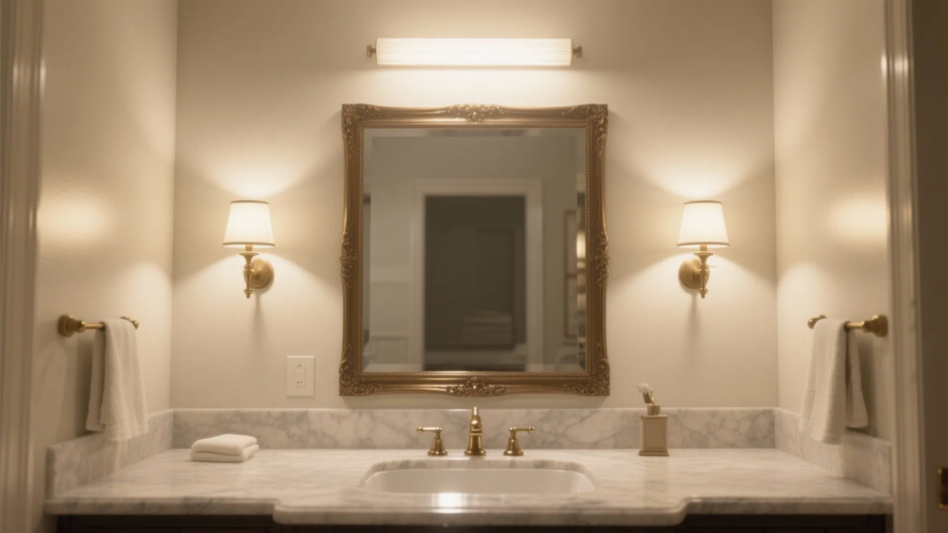 4. Layered lighting and framed mirrors