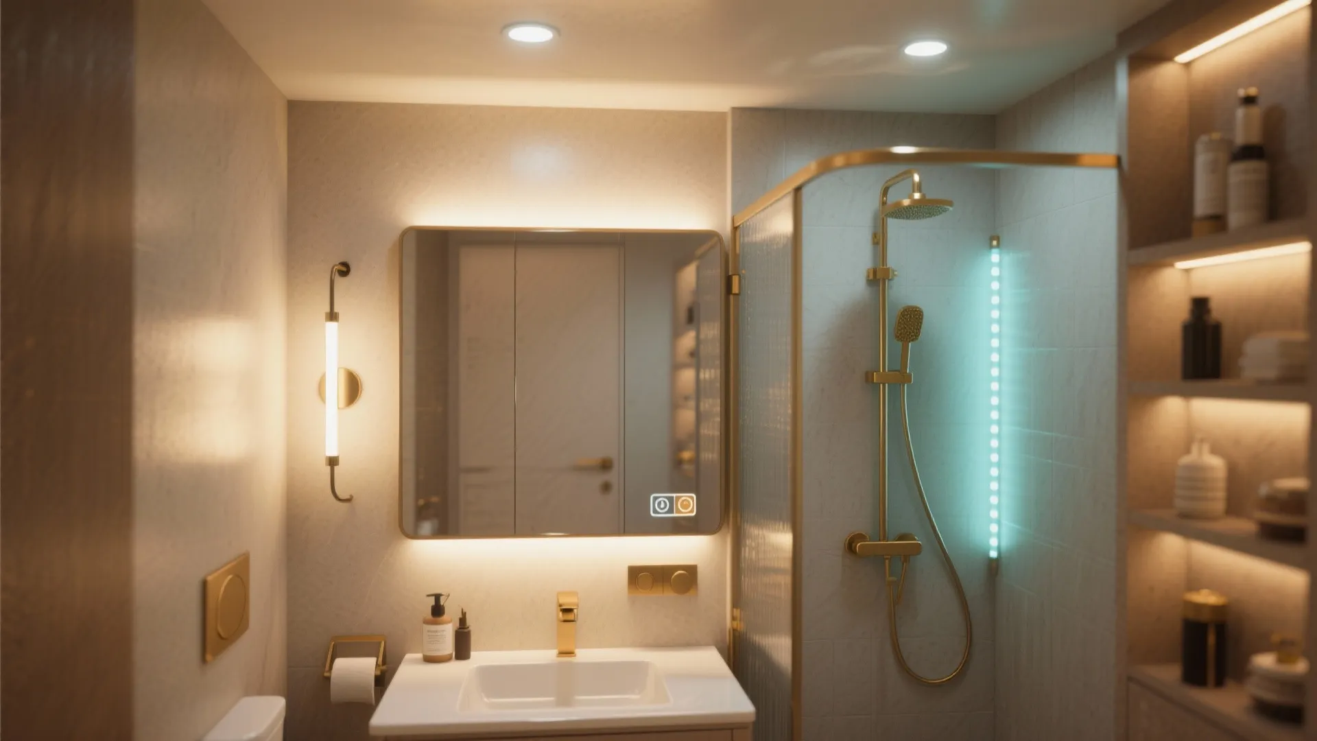 Small bathroom with layered lighting: recessed lights, vanity sconce, and waterproof shower LED creating varied moods.