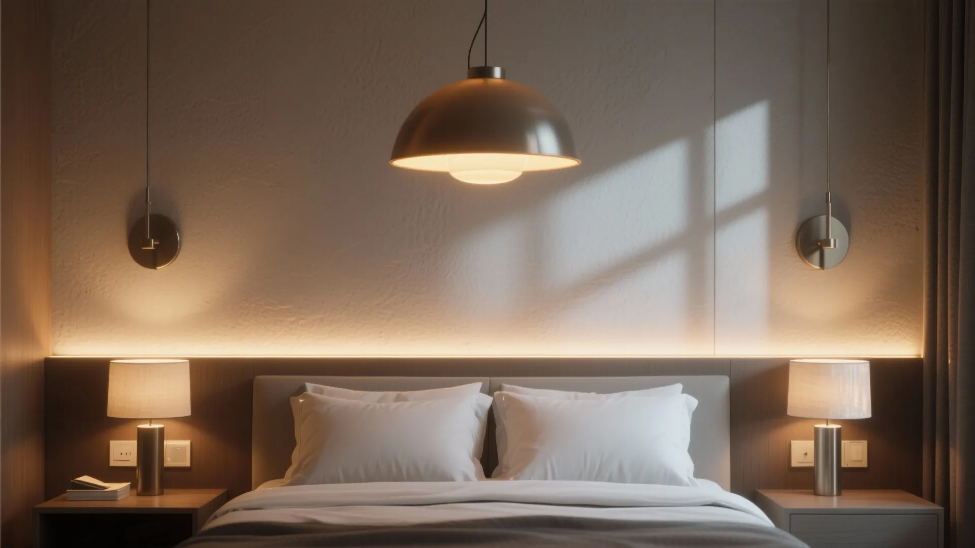 Modern bedroom lighting design featuring a ceiling light, wall lights, and warm glowing light strips