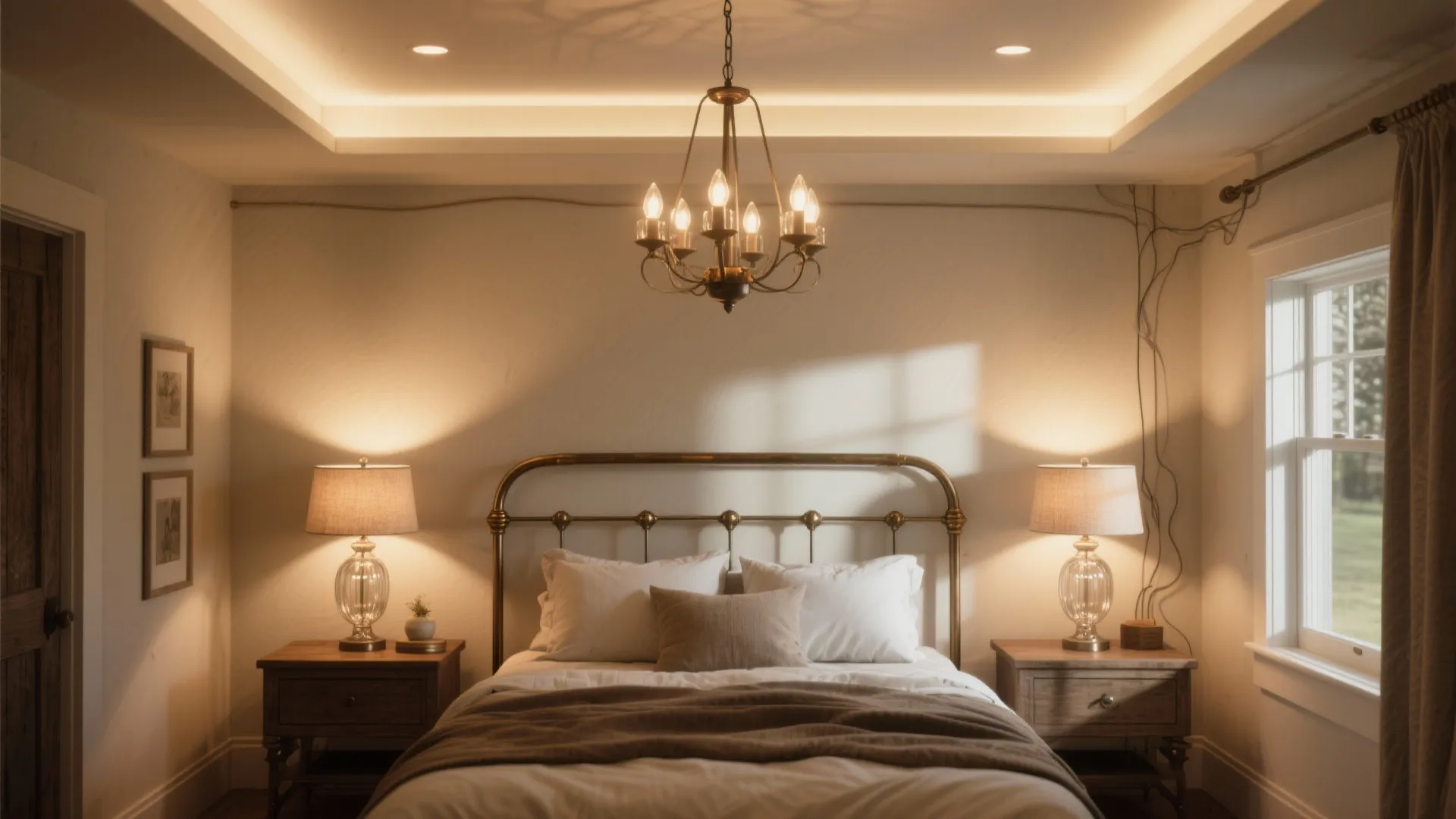 Warm bedroom with metal bed frame, central ceiling light, side table lamps, and soft ambient