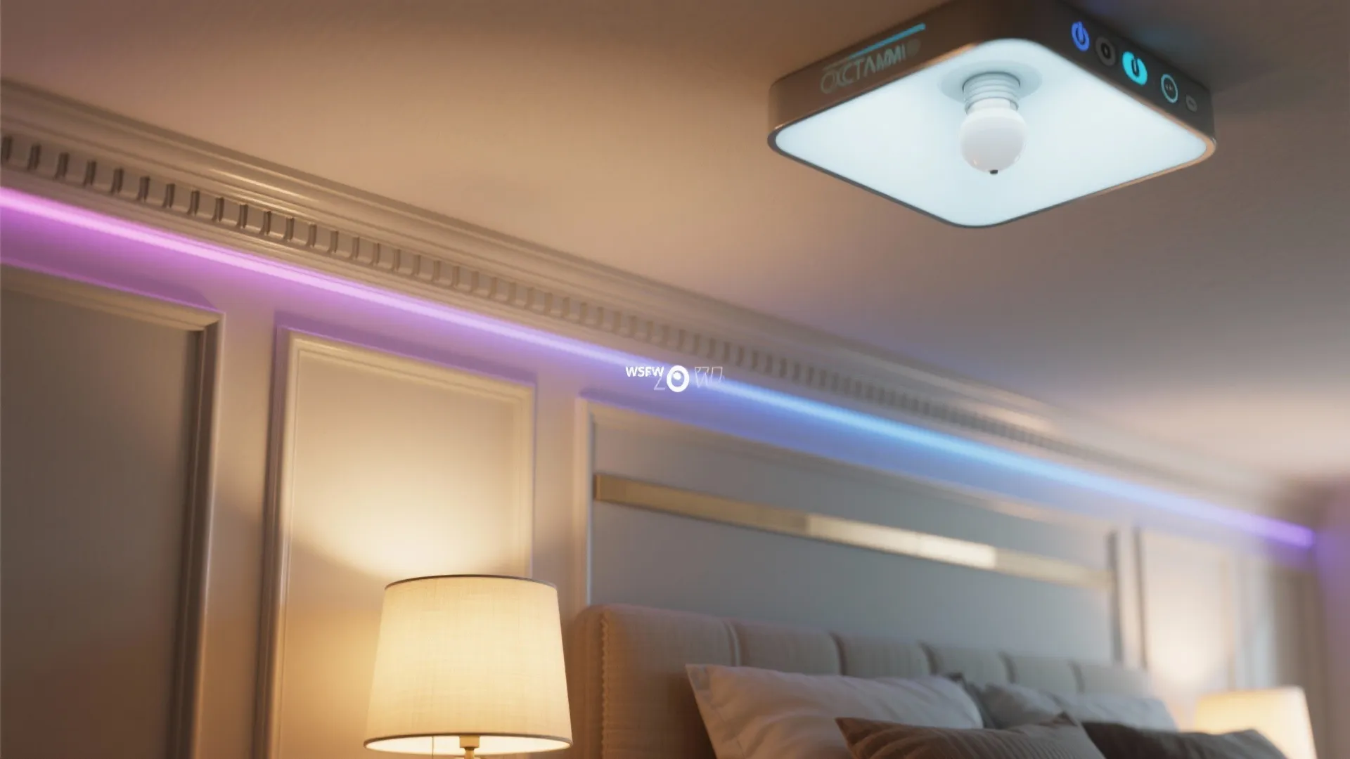 Bedroom interior featuring purple led strip lights on wall panels with ceiling light and bedside lamp