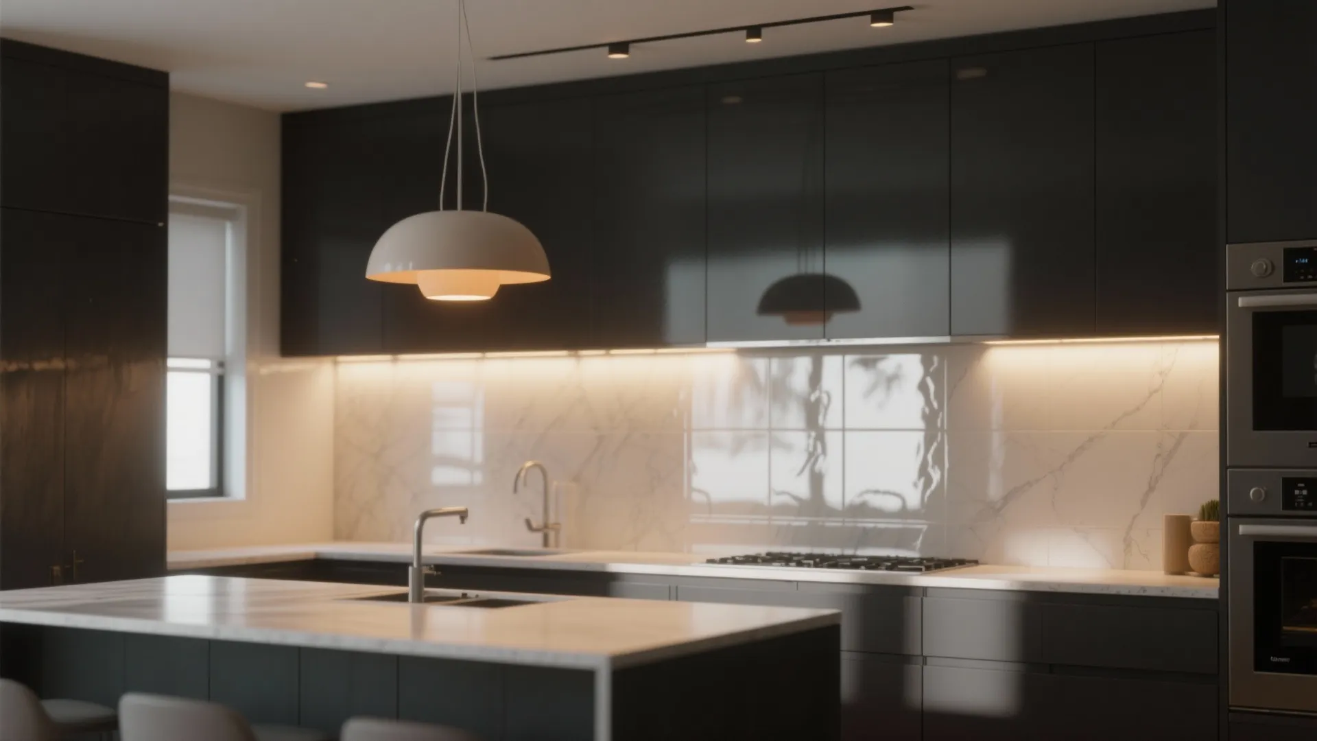 3. Layered lighting and reflective backsplashes