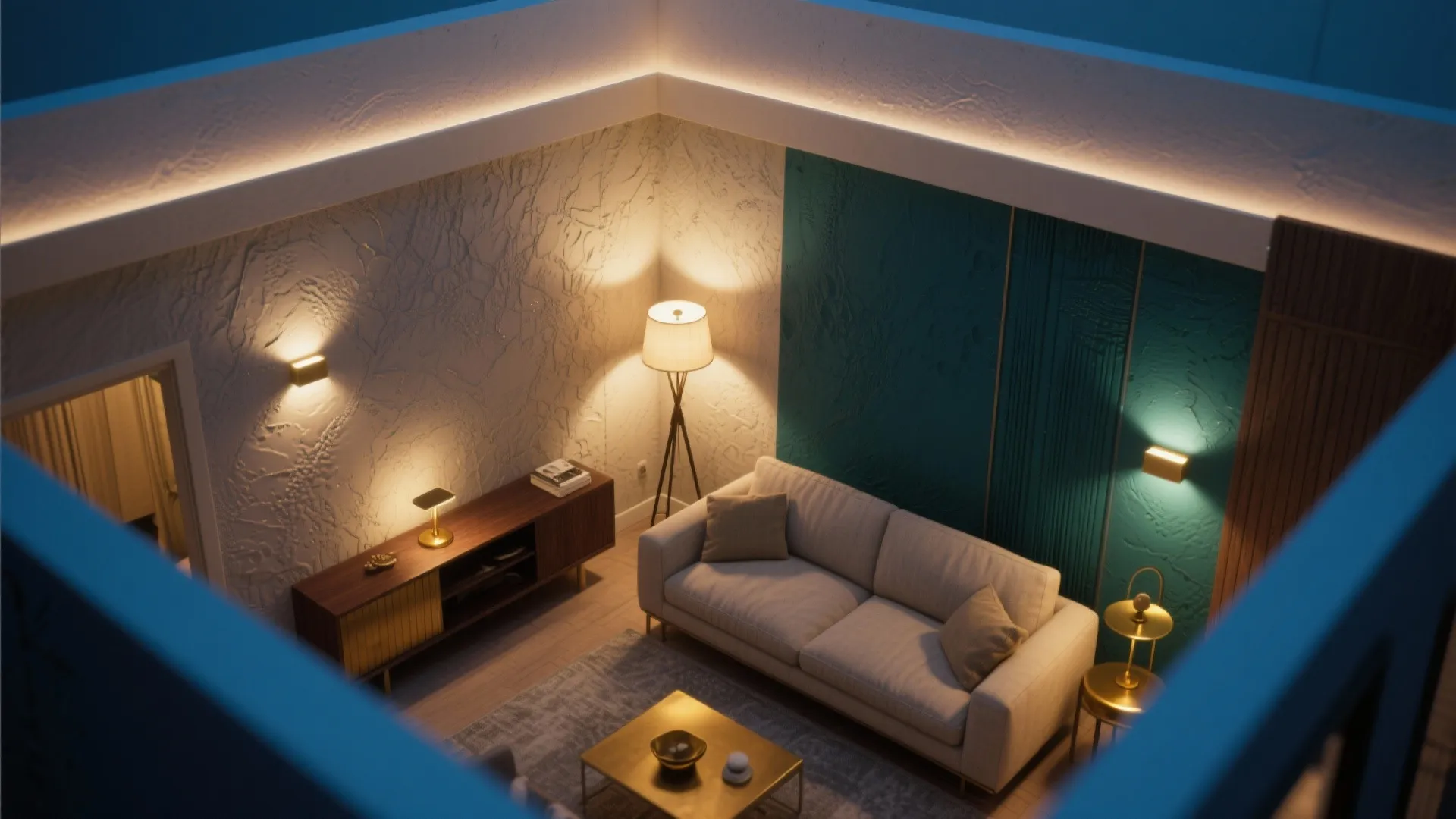 Modern living room with white sofa and teal wall panel plus floor lamp and wall light