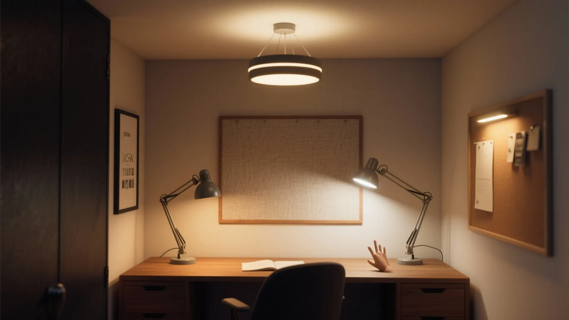 Compact study showing ambient ceiling light, high-CRI task lamp, and wall wash accent.