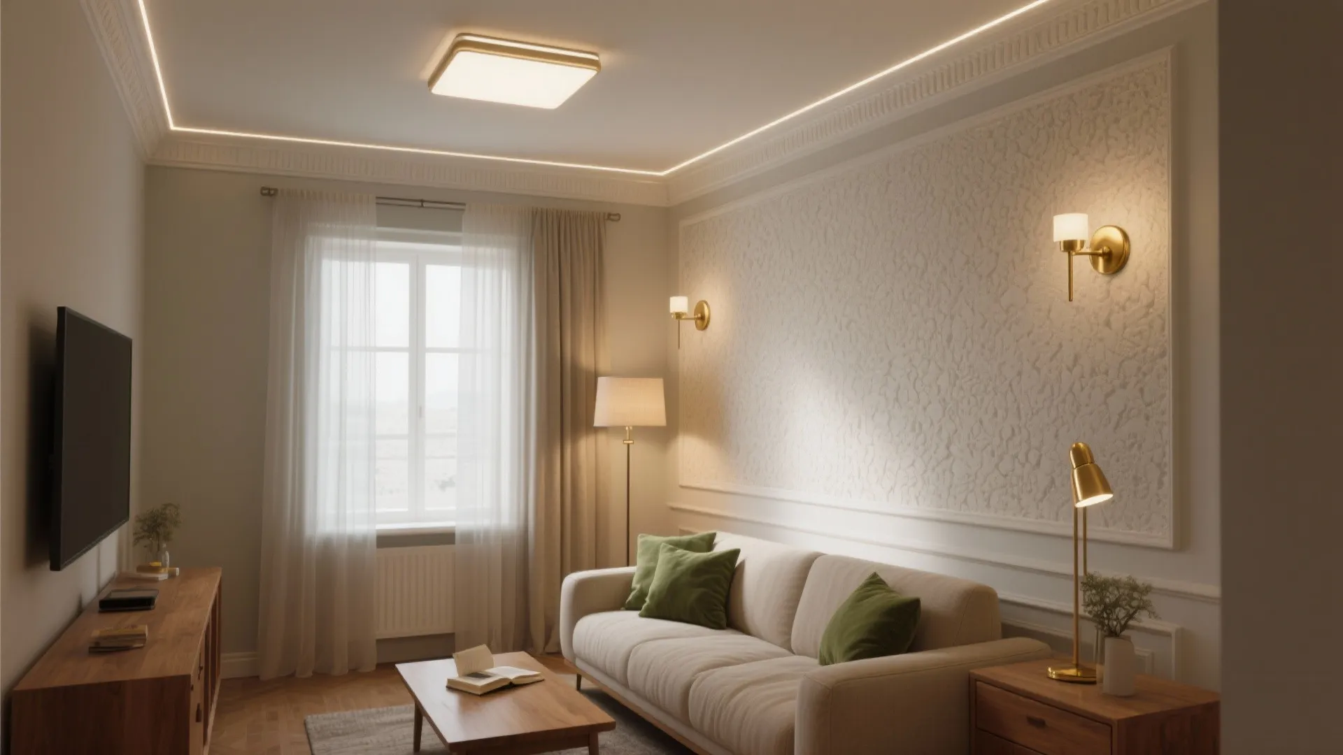 Living room with beige sofa green pillows wall lights ceiling light and hidden led strips