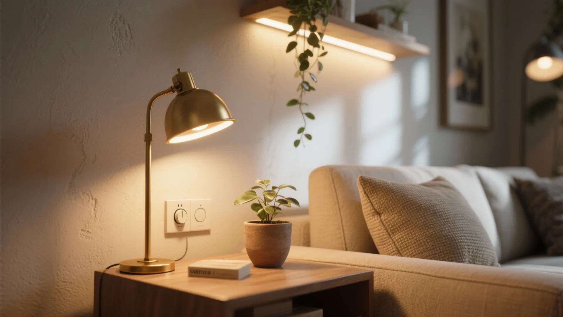 Cozy living room with brass table light, small potted plant, sofa, and warm wall lighting
