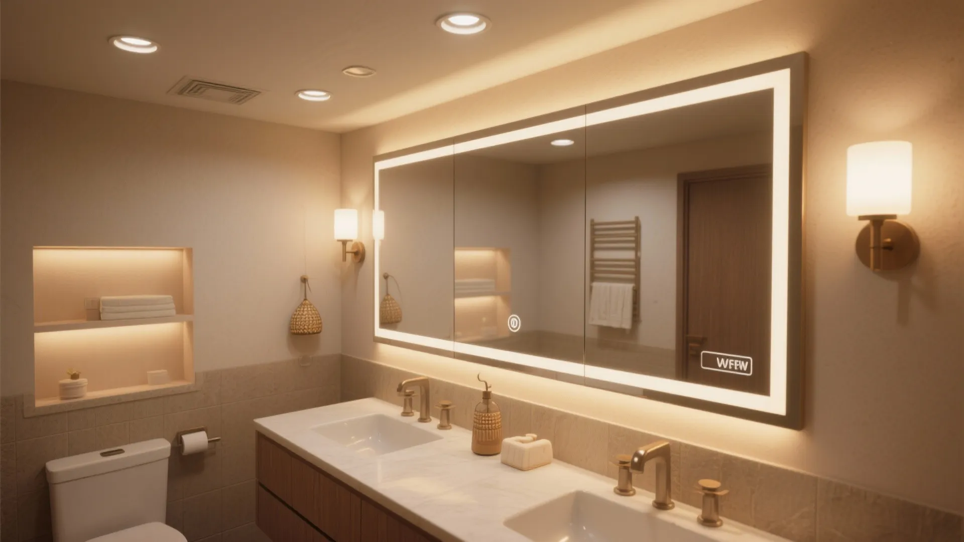 Modern bathroom with double sinks wooden cabinet large lighted mirror wall lights and ceiling lights