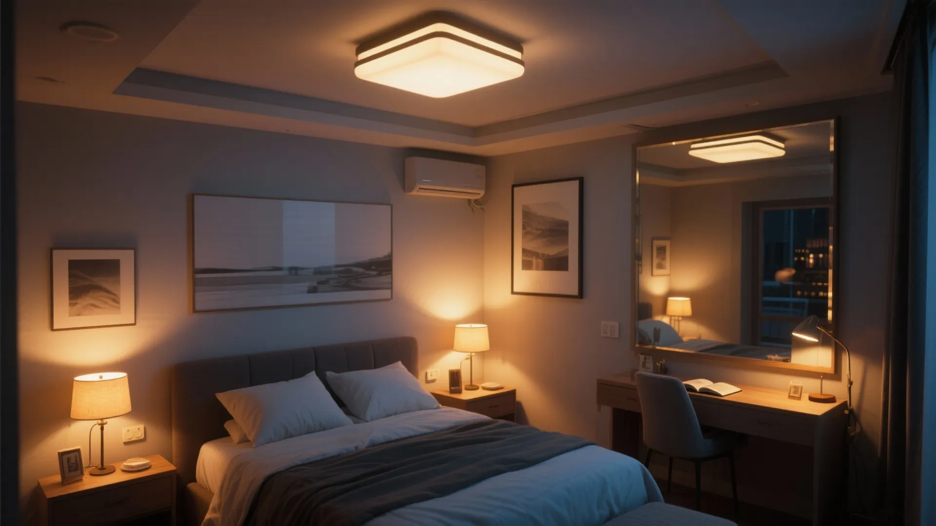 Cozy bedroom with warm ceiling light table lamps desk lamp and mirror reflecting the room