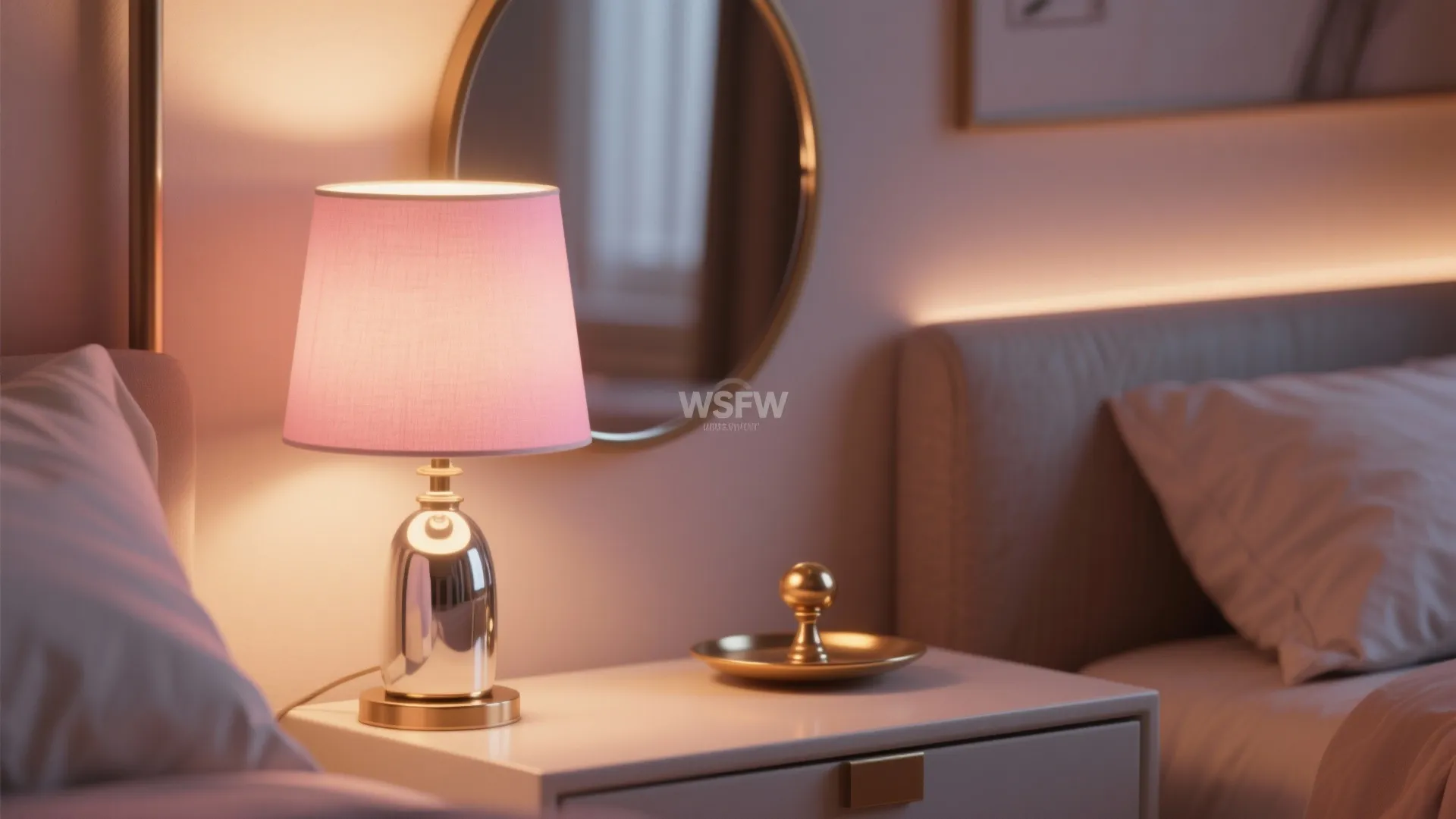 Warm bedroom lighting with a small table lamp on a white nightstand and round mirror