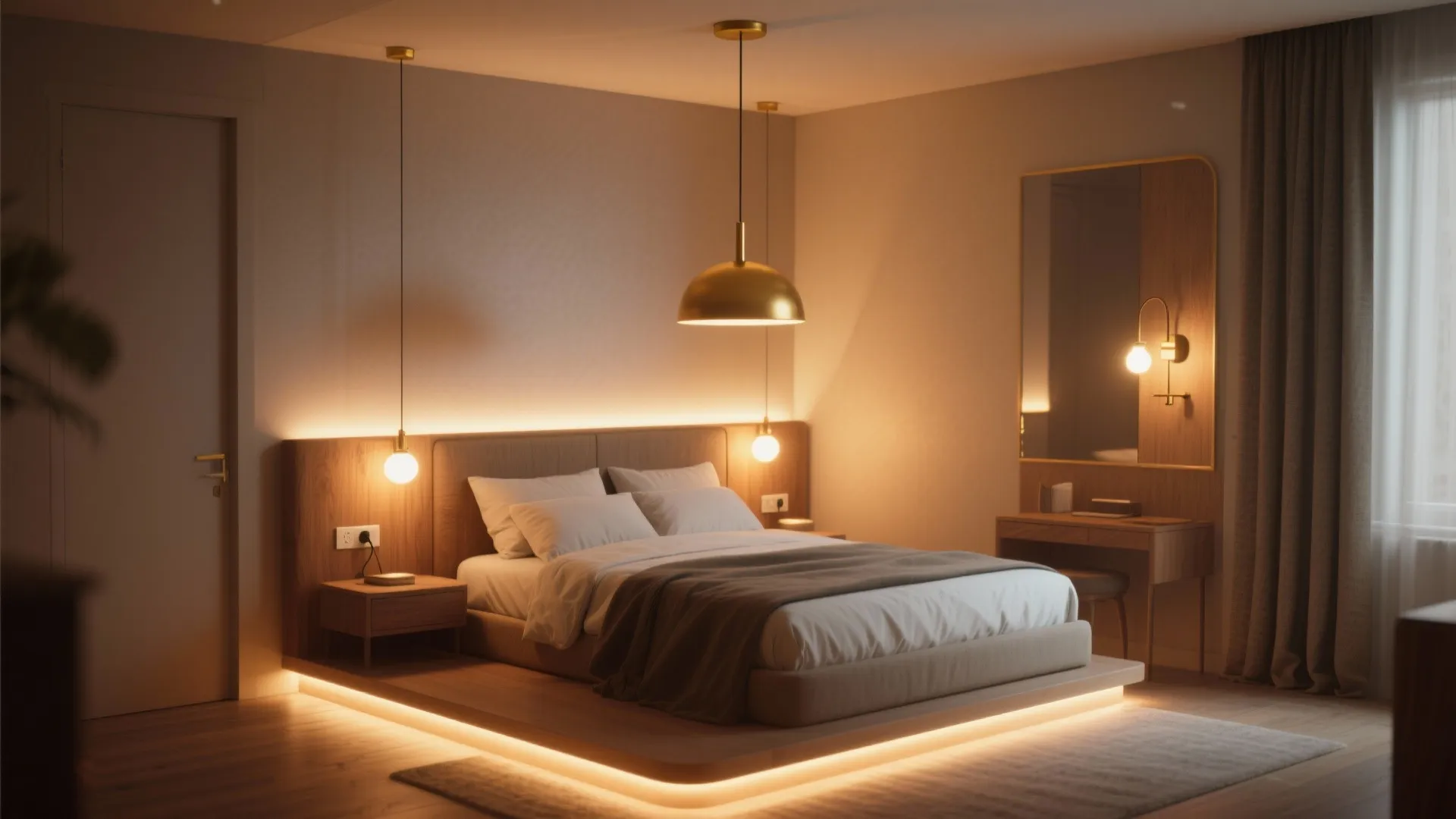 Modern bedroom featuring wooden platform bed with warm glowing lights and hanging gold ceiling light