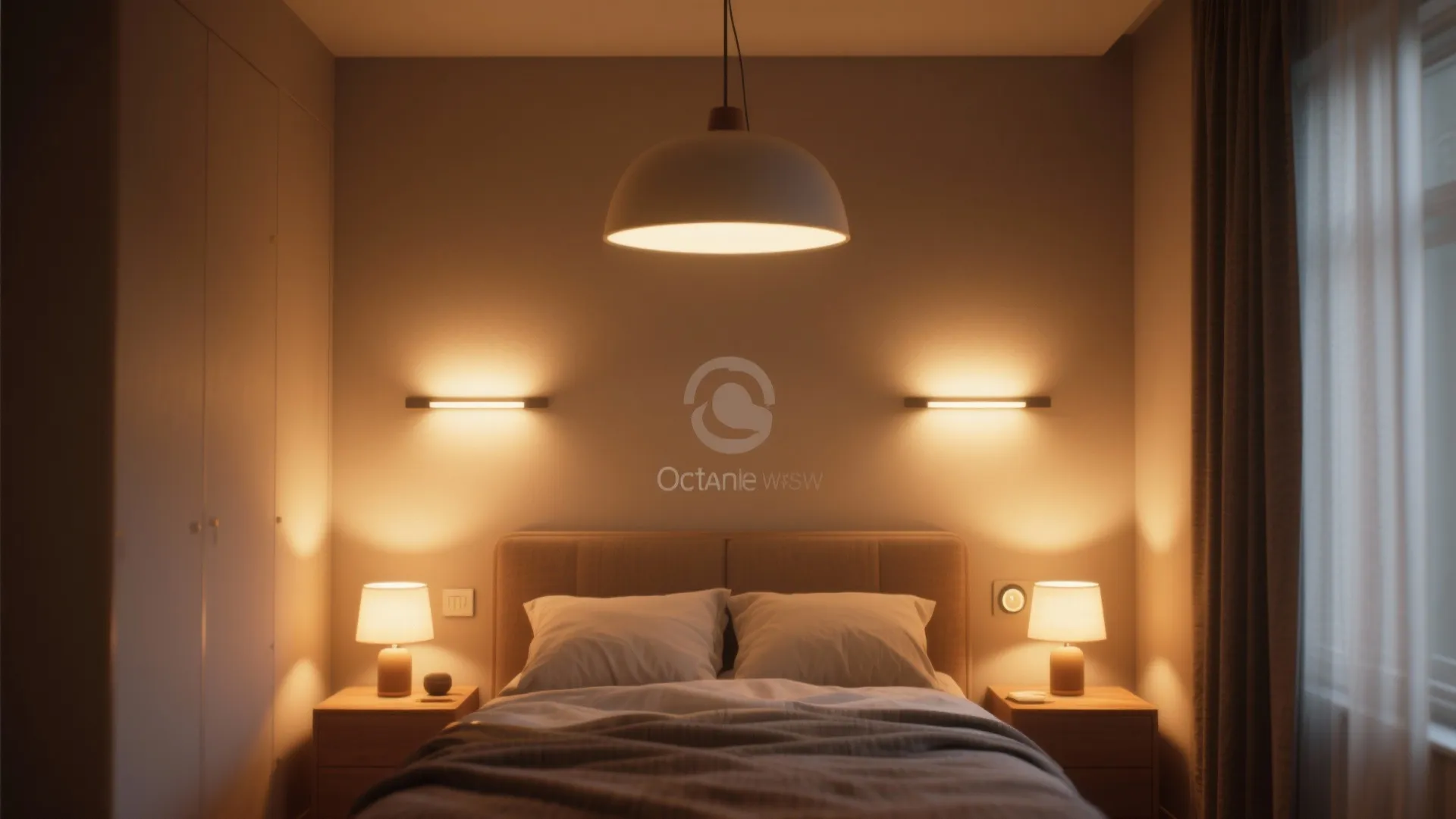 Cozy bedroom with warm lighting from a ceiling light two wall lights and table lamps