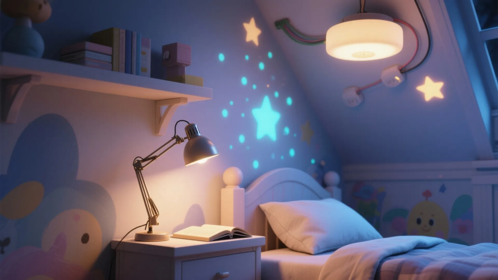 Child bedroom with glowing star wall stickers a desk lamp and warm white ceiling light