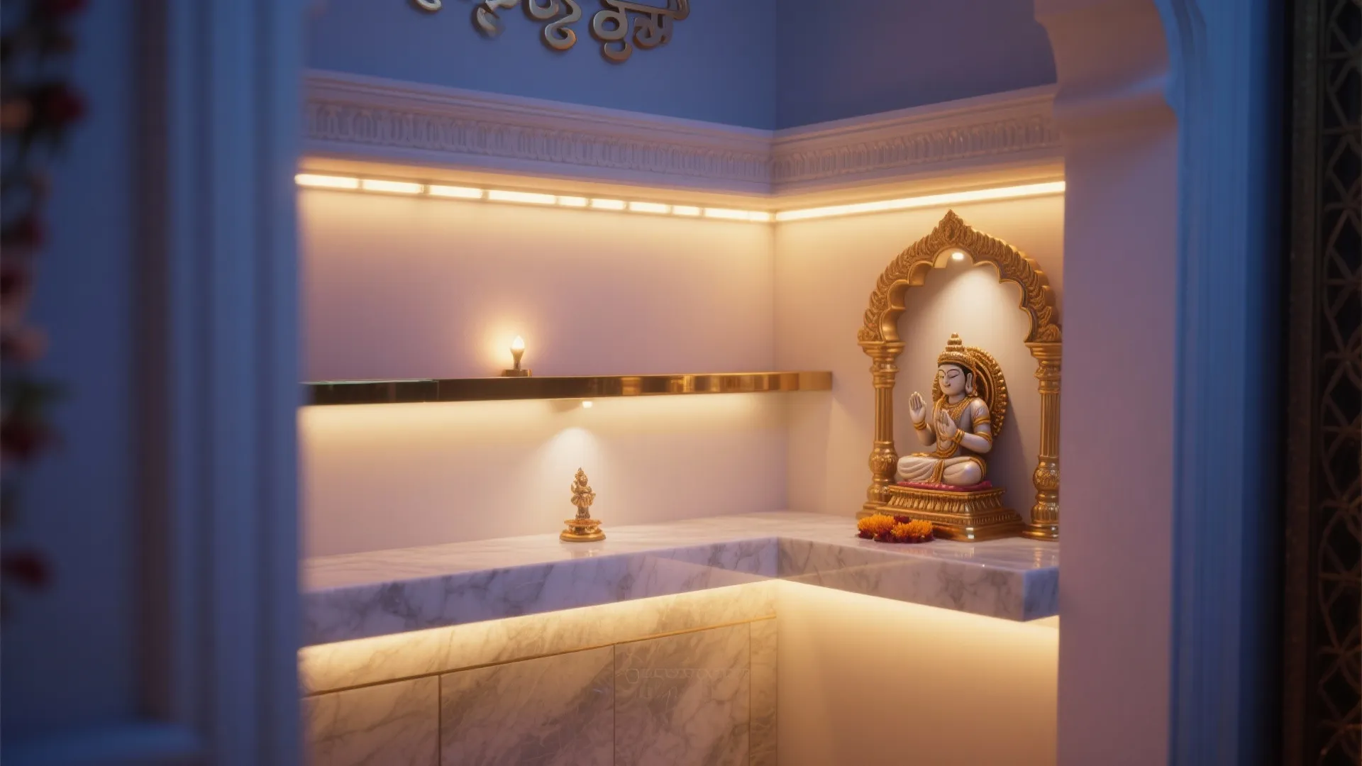 Pooja corner with ambient, task, and accent warm LEDs around idols in a calm mood
