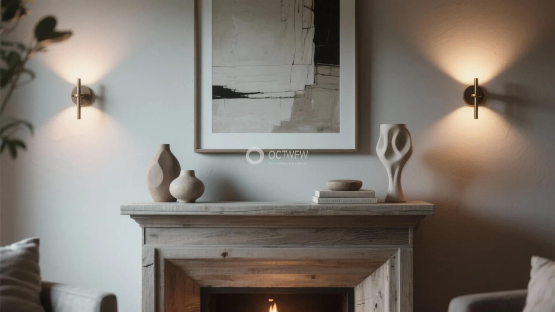 Modern fireplace mantel with abstract painting two wall light fixtures ceramic vases and small books