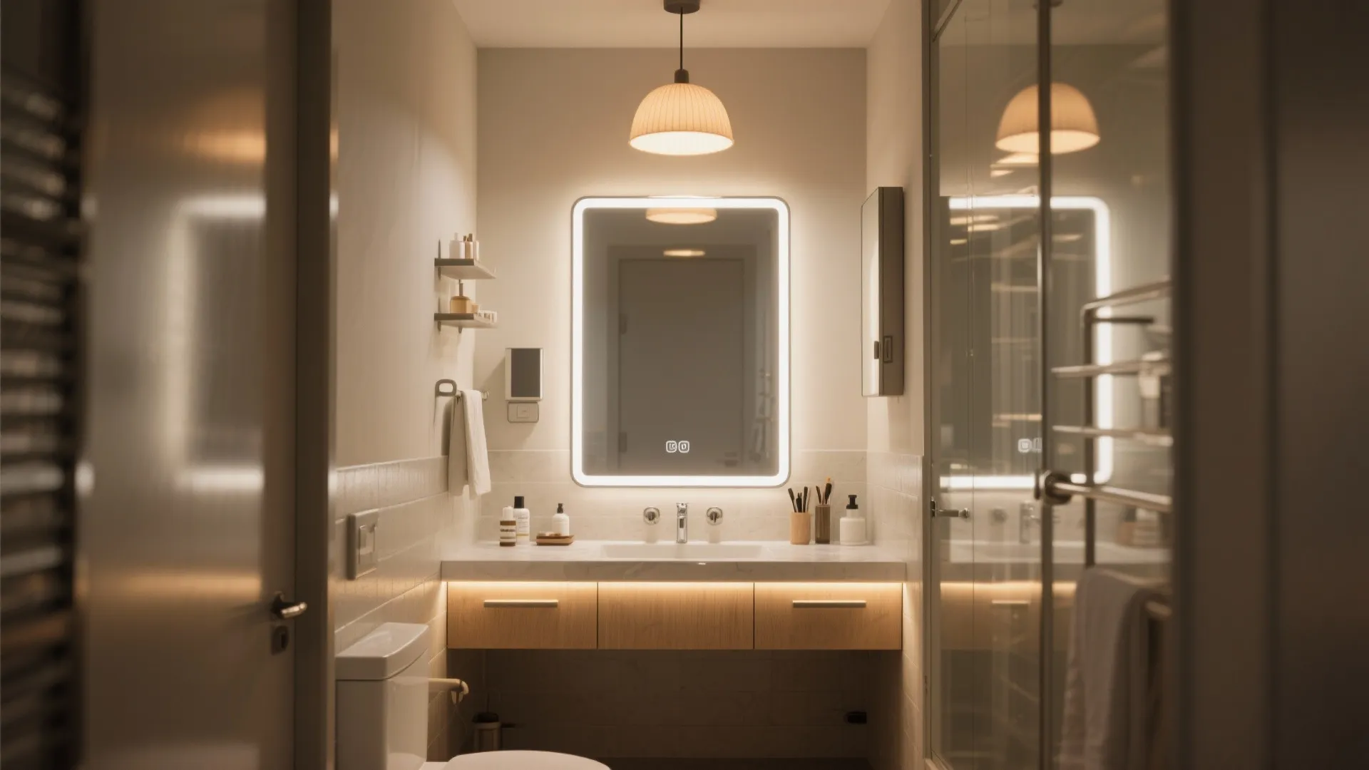 Modern bathroom with glowing mirror light and ceiling light above a wooden cabinet and sink