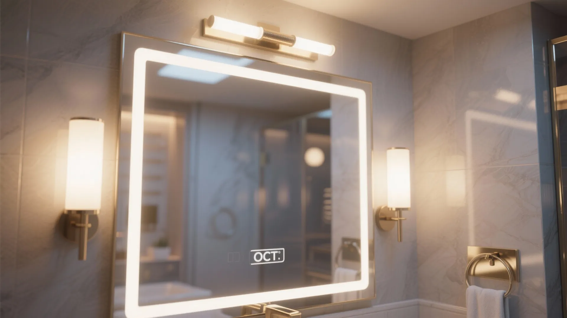Large bathroom mirror with built in LED lights and gold wall light fixtures on sides