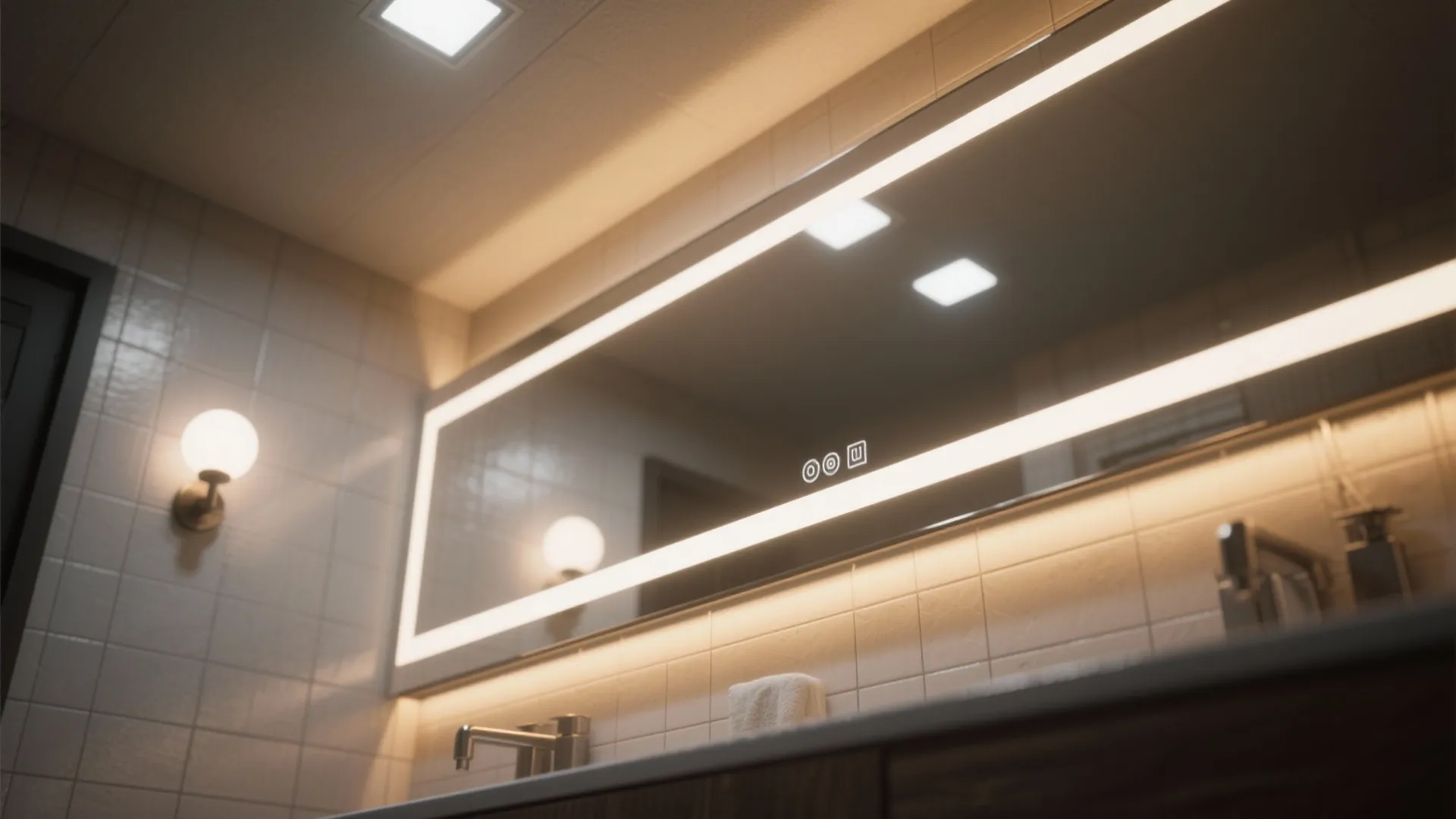 Large rectangular bathroom mirror with built in light strip wall light and white tiled walls