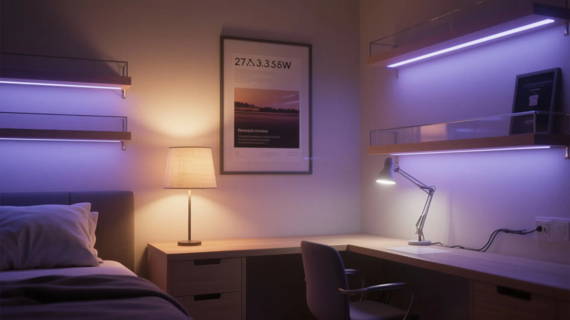 Evening scene showing warm ambient lamp, task light at a desk, and subtle LED shelf accents in a small bedroom