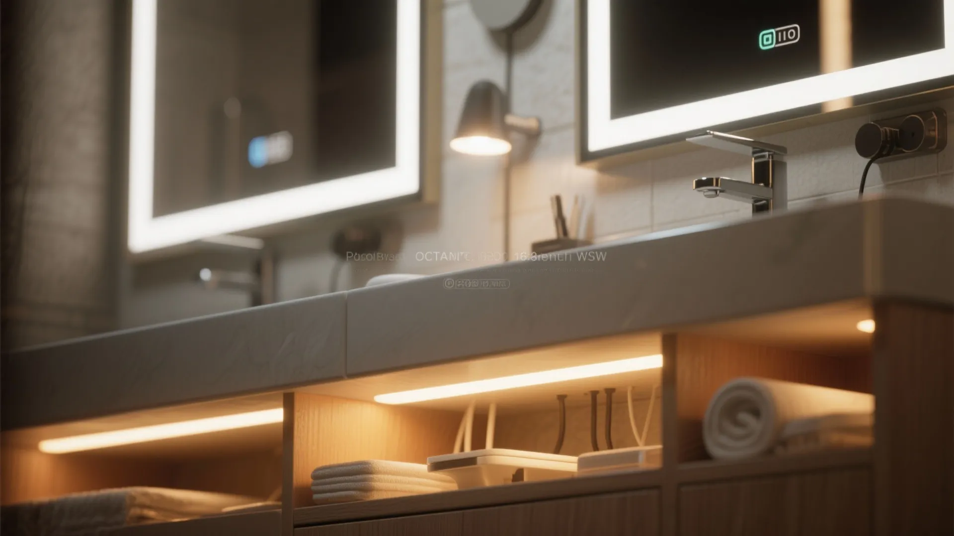 Modern bathroom vanity featuring double mirrors with led lights warm shelf lighting and clean towels