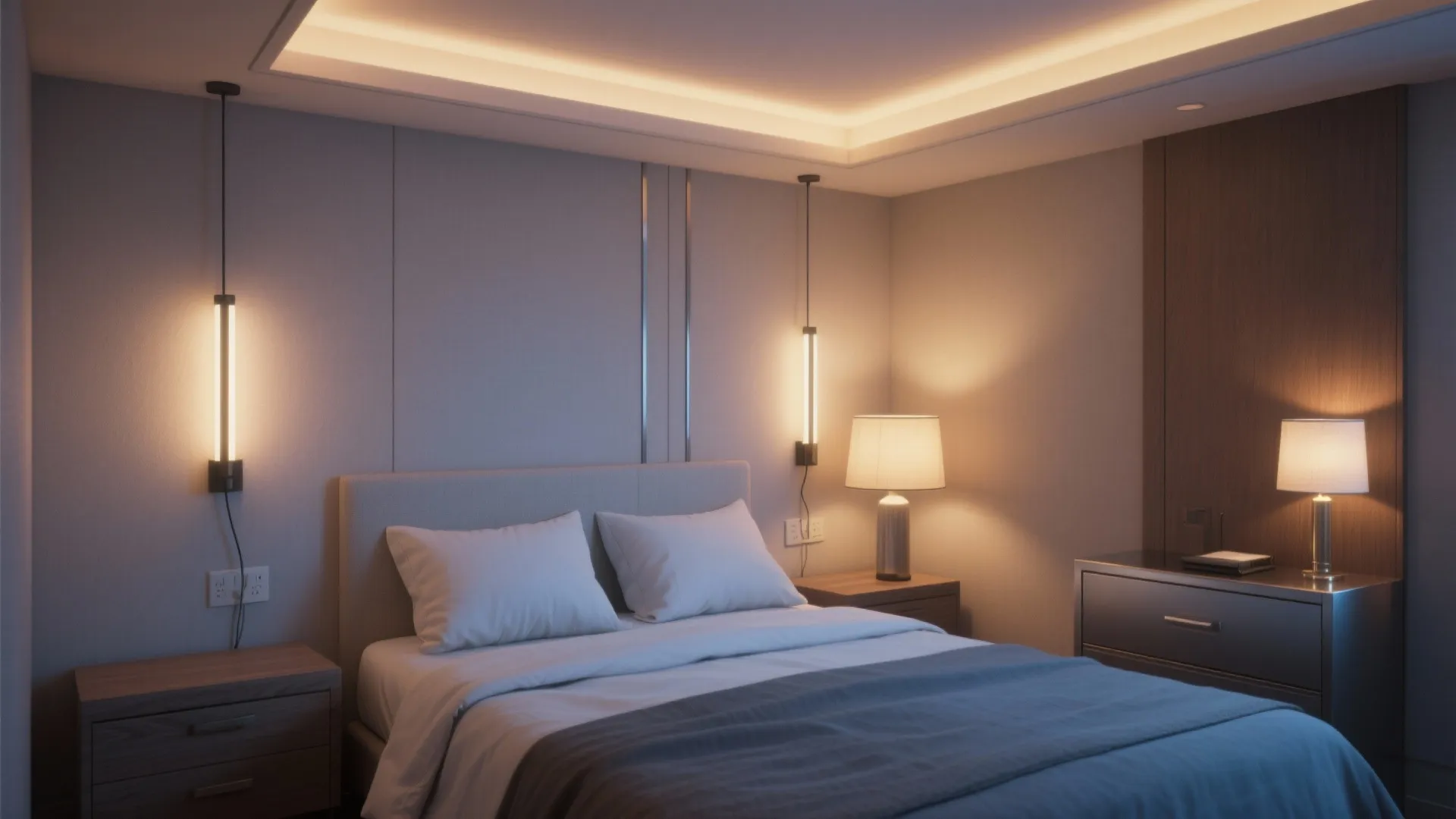 Modern bedroom with warm lighting, grey bed, nightstands, table lamps, wall lights, and ceiling light