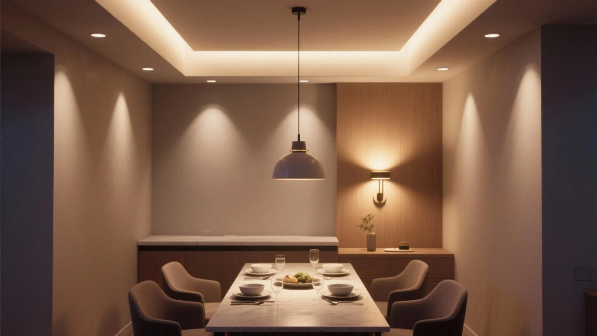 Modern dining room with marble table grey chairs wood cabinet wall light and hanging ceiling light