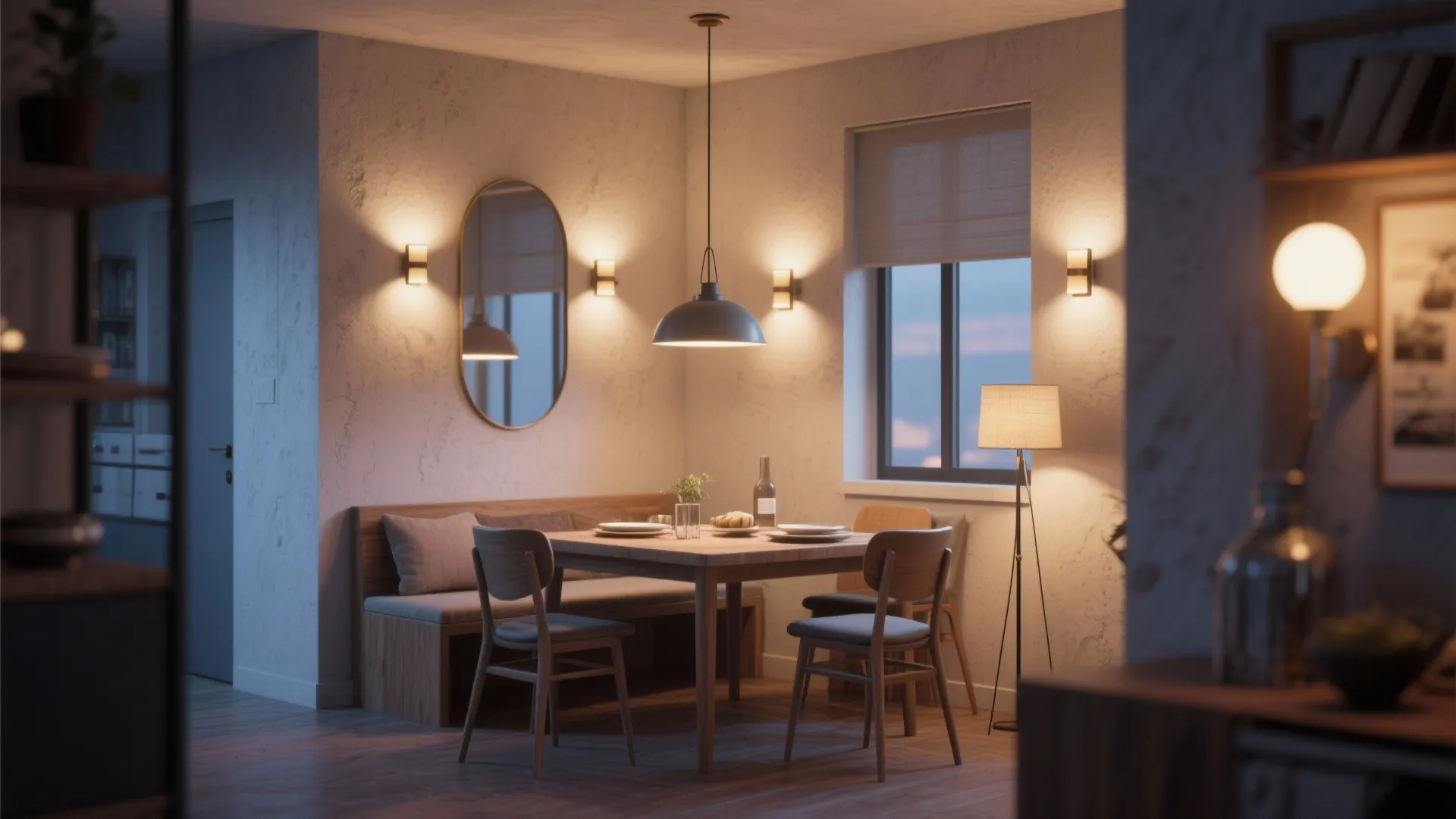 Dining nook with wall lights ceiling light floor lamp wooden table bench and oval wall mirror