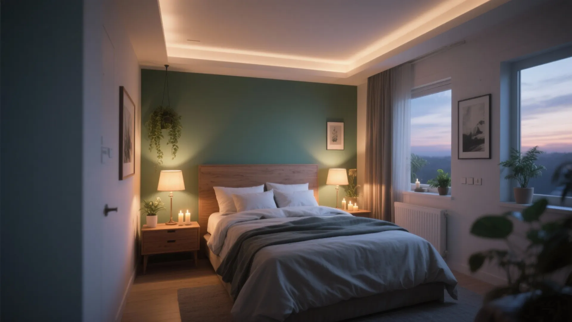Bedroom interior at dusk showing dimmed overhead light, warm bedside lamps, and accent lights creating layered mood lighting.