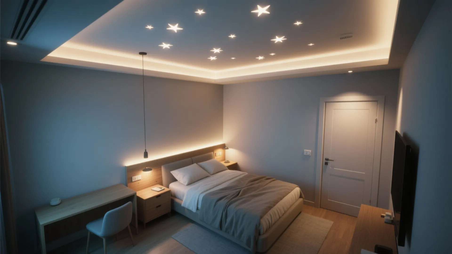 Modern bedroom with star shaped ceiling lights soft warm light strips and a grey bed