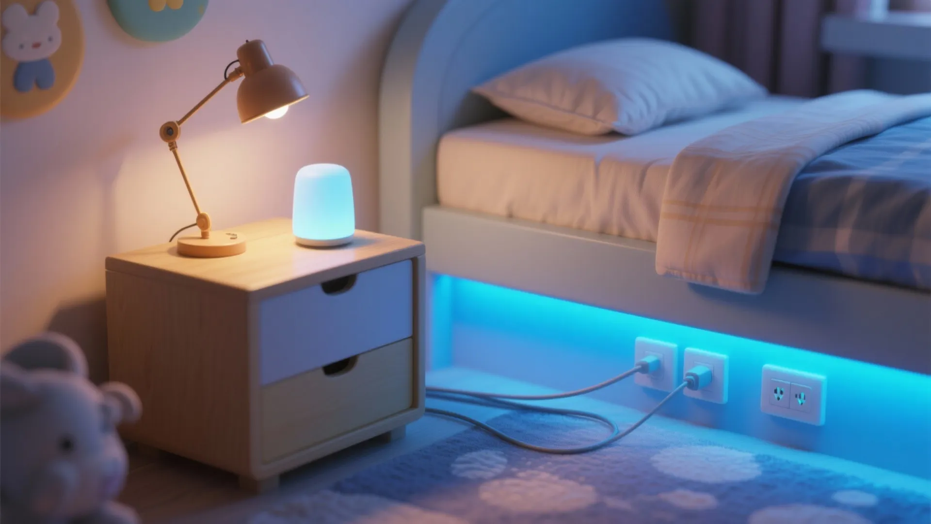 Bedroom with warm table lamp and blue light strip under bed and white wall outlets