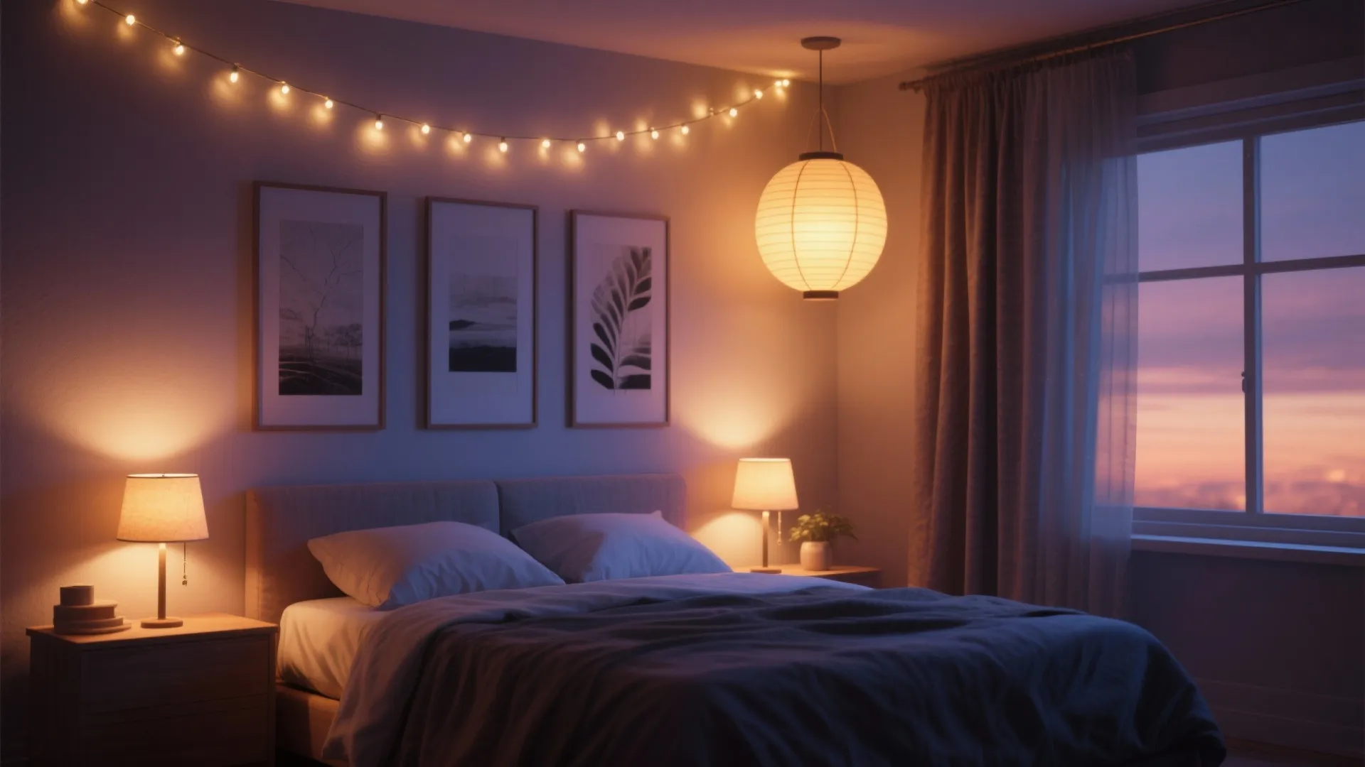 Cozy bedroom at sunset featuring string lights ceiling light table lamps and a large window