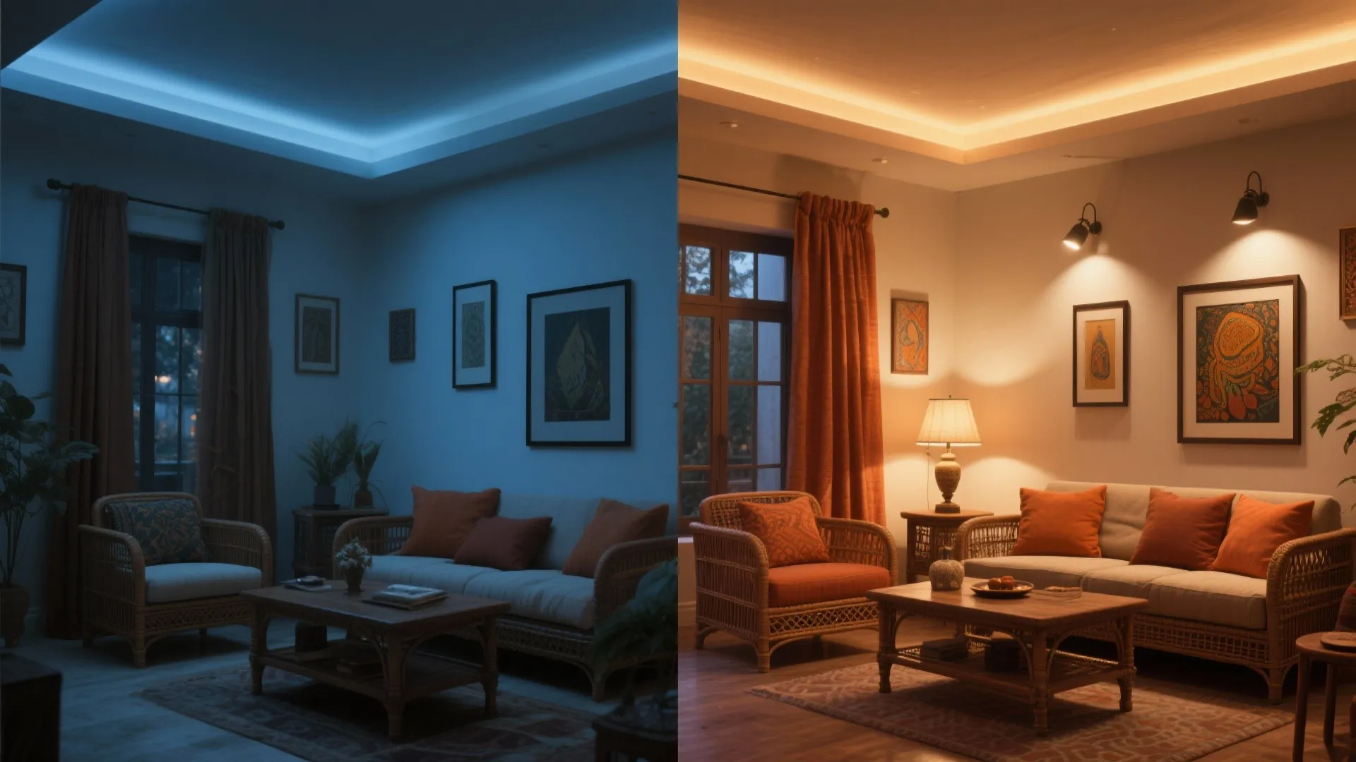 Before-and-after split showing flat glare versus warm layered lighting in an Indian living room.