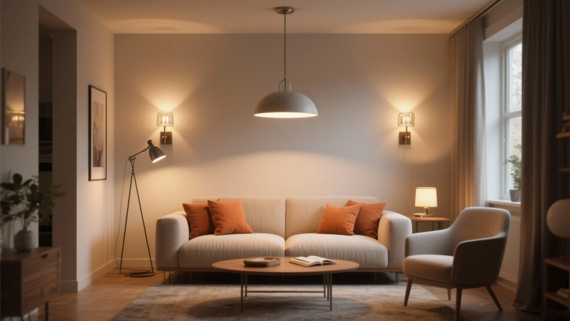 Warm living room with a white sofa ceiling light wall lights and a floor lamp